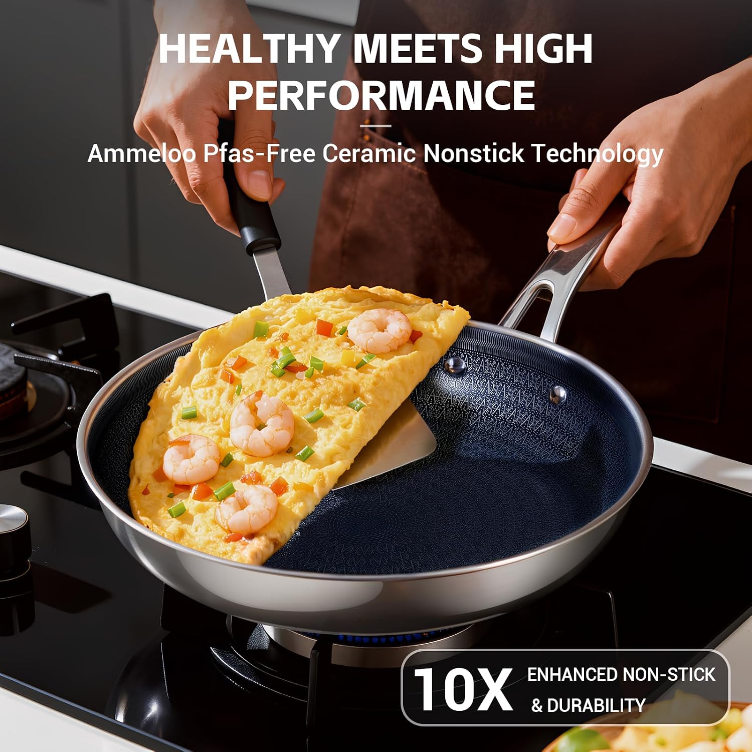 Detalle de Ammeloo Hybrid 17-Piece Tri-Ply Stainless Steel Cookware Set: Induction-Ready, Nonstick, and Dishwasher Safe