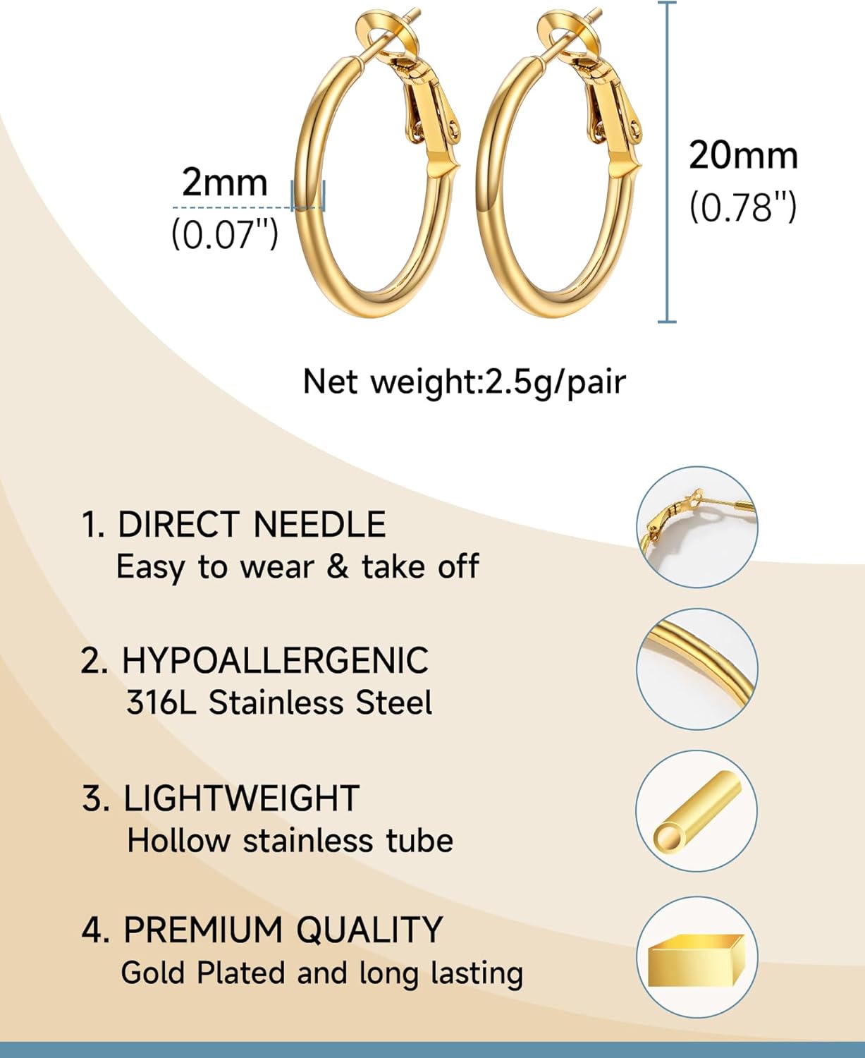 Thumbnail 3 de PROSTEEL Créoles femme en acier inoxydable 316L plaqué or jaune – grands anneaux (20 à 100 mm)