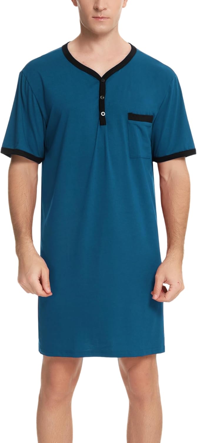 Detalle de Men's Cotton Pyjama Tops: Breathable Knee-Length Nightwear with Button-Down Collar