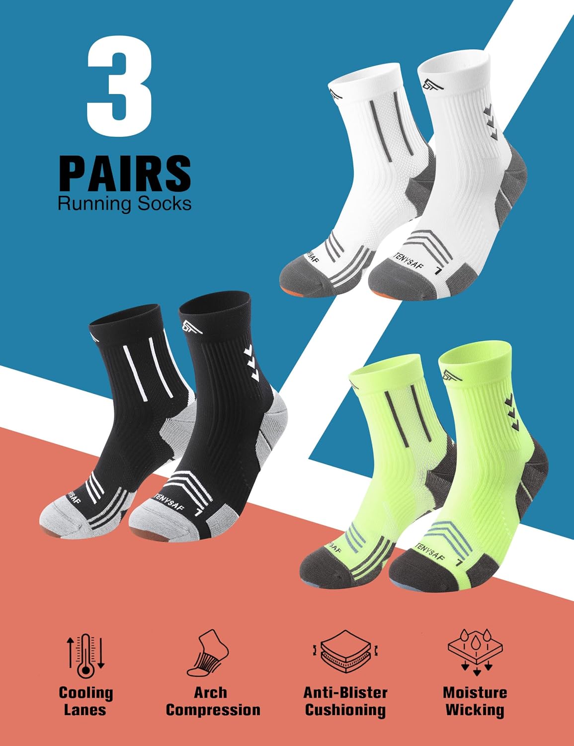 Detalle 1 de Lounwee Compression Sport Running Socks (Crew) with Arch Support — nylon blend, ~20mmHg compression