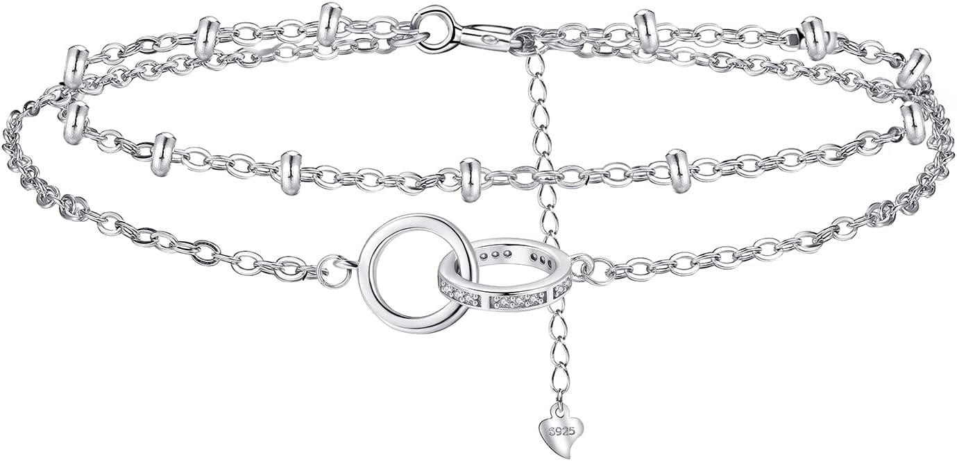 Detalle de Hifeeled Damen-Fußkettchen aus Silber 925 mit Doppel-Kette und Zirkonia, verstellbar (22 cm + 4)