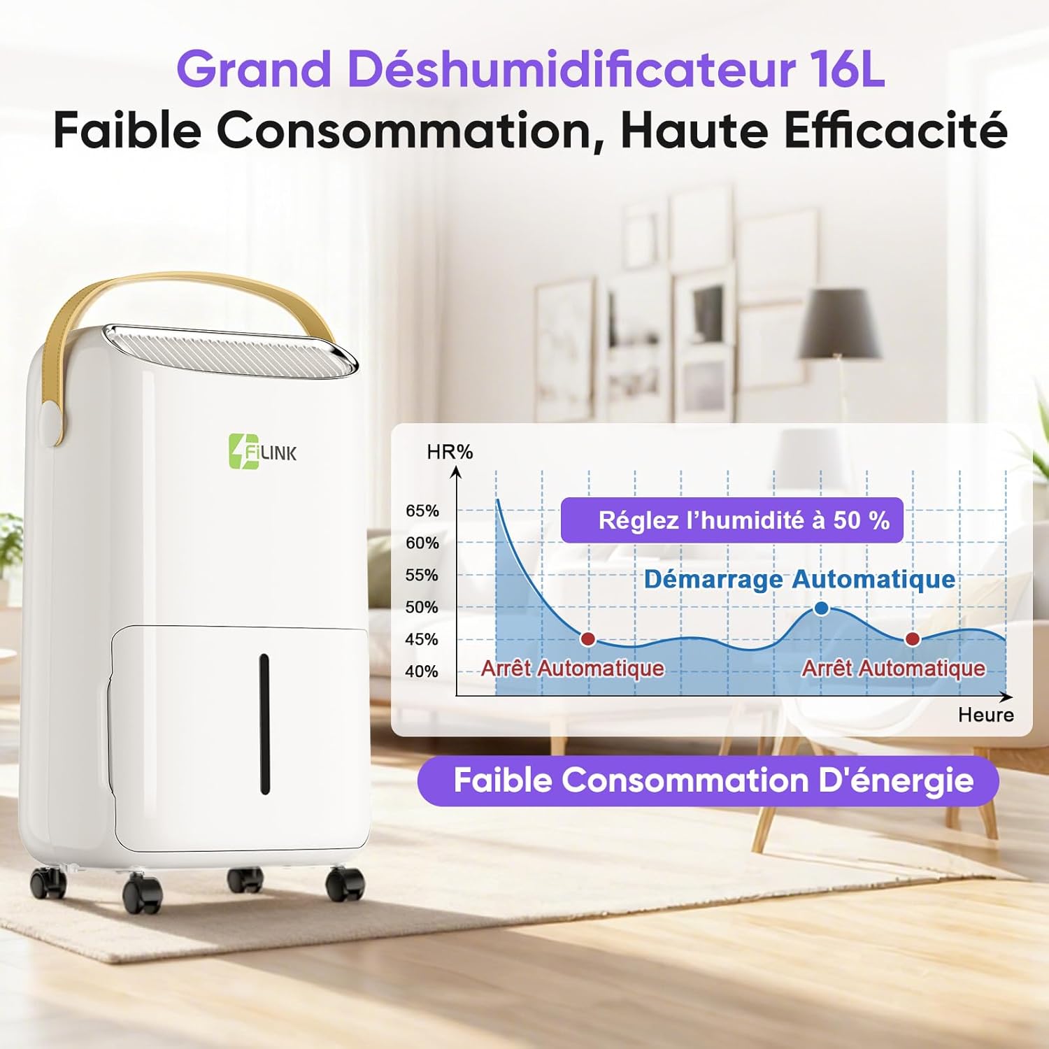 Detalle de Deshumidificateur d'Air 16L/Jour FILINK – 110 m³, 45 m², minuterie 24h et sécurité enfant