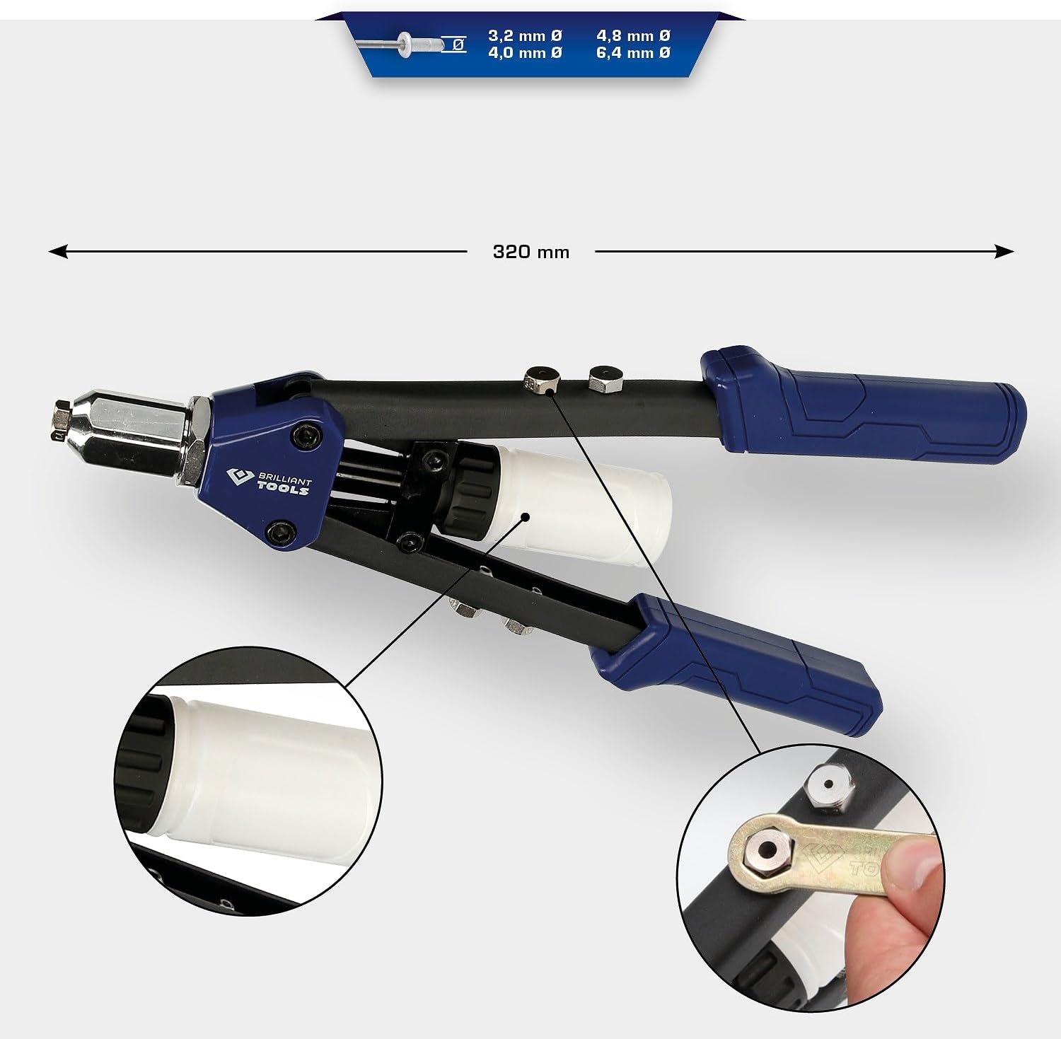 Detalle de BRILLIANT TOOLS BT066900: Rivettatrice manuale per rivetti Ø 3,2–4,0–4,8–6,4 mm