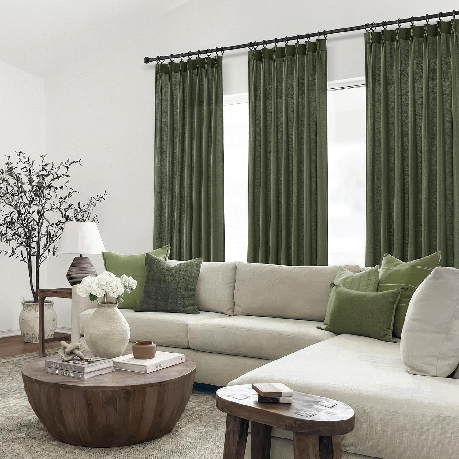 Thumbnail 6 de Topfinel Pinch Pleated 63-Inch Olive Green Linen Curtains (2 Panels) for Track System