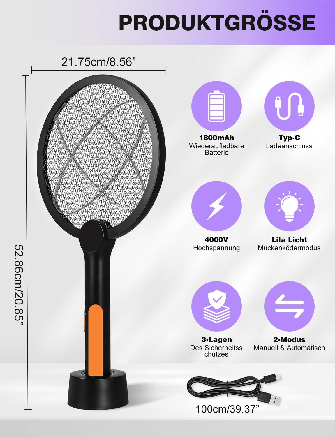 Thumbnail 4 de Bavmosek 4000V Elektrische Fliegenklatsche mit Ladestation – 2 in 1 USB, 1800 mAh Akku