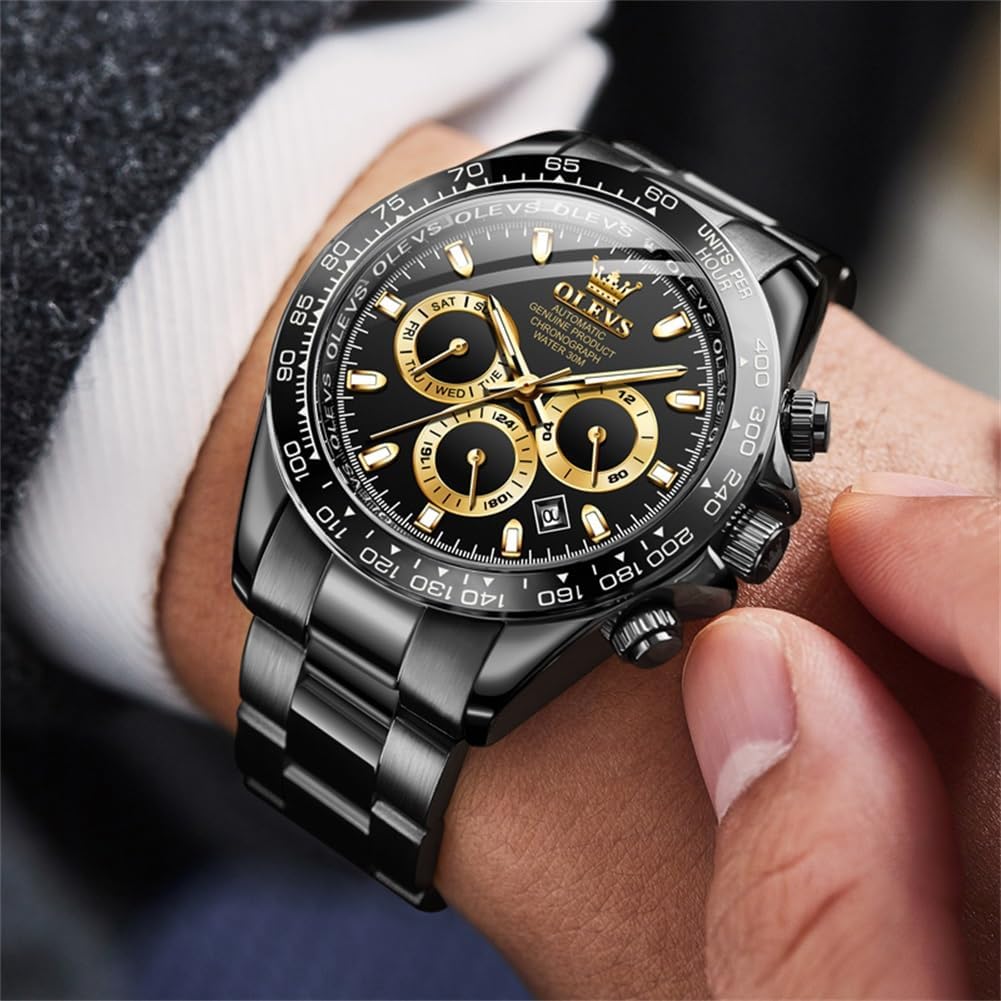 Detalle de OLEVS Herrenarmbanduhr Automatik Gold Schwarz 30 m