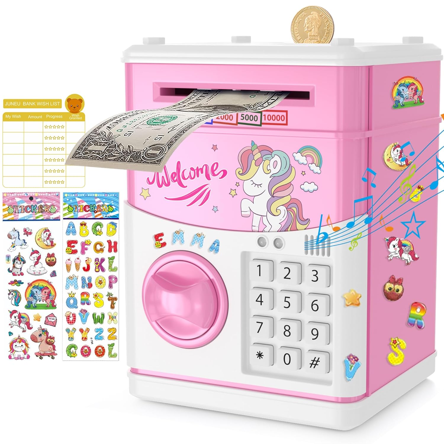 JUNEU Unicorn Electronic Piggy Bank for Kids (Music, Money Rolling, Password Protection)