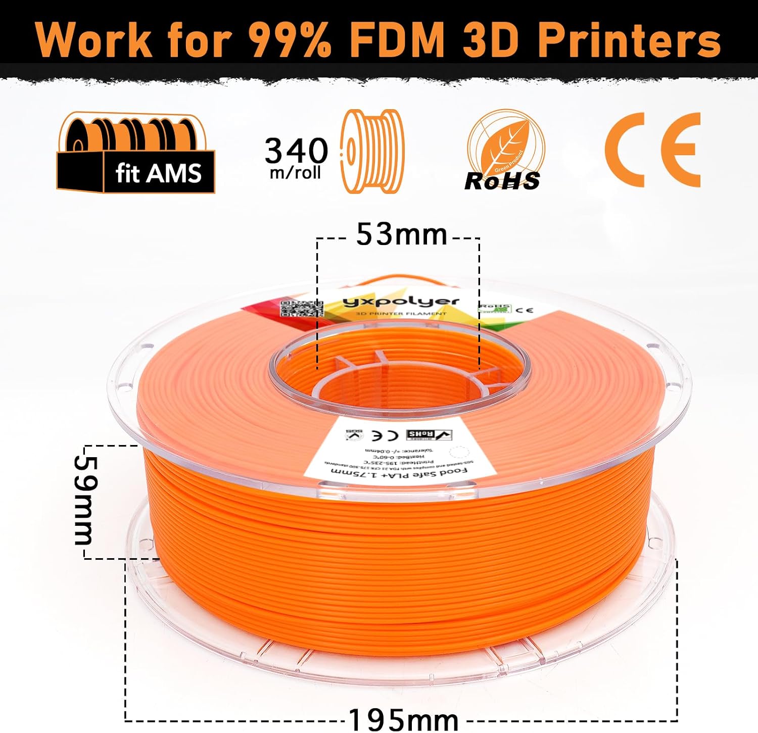 Detalle de YXPOLYER PLA+ Orange 1.75 mm 3D Printer Filament, 1 kg, PC Spool