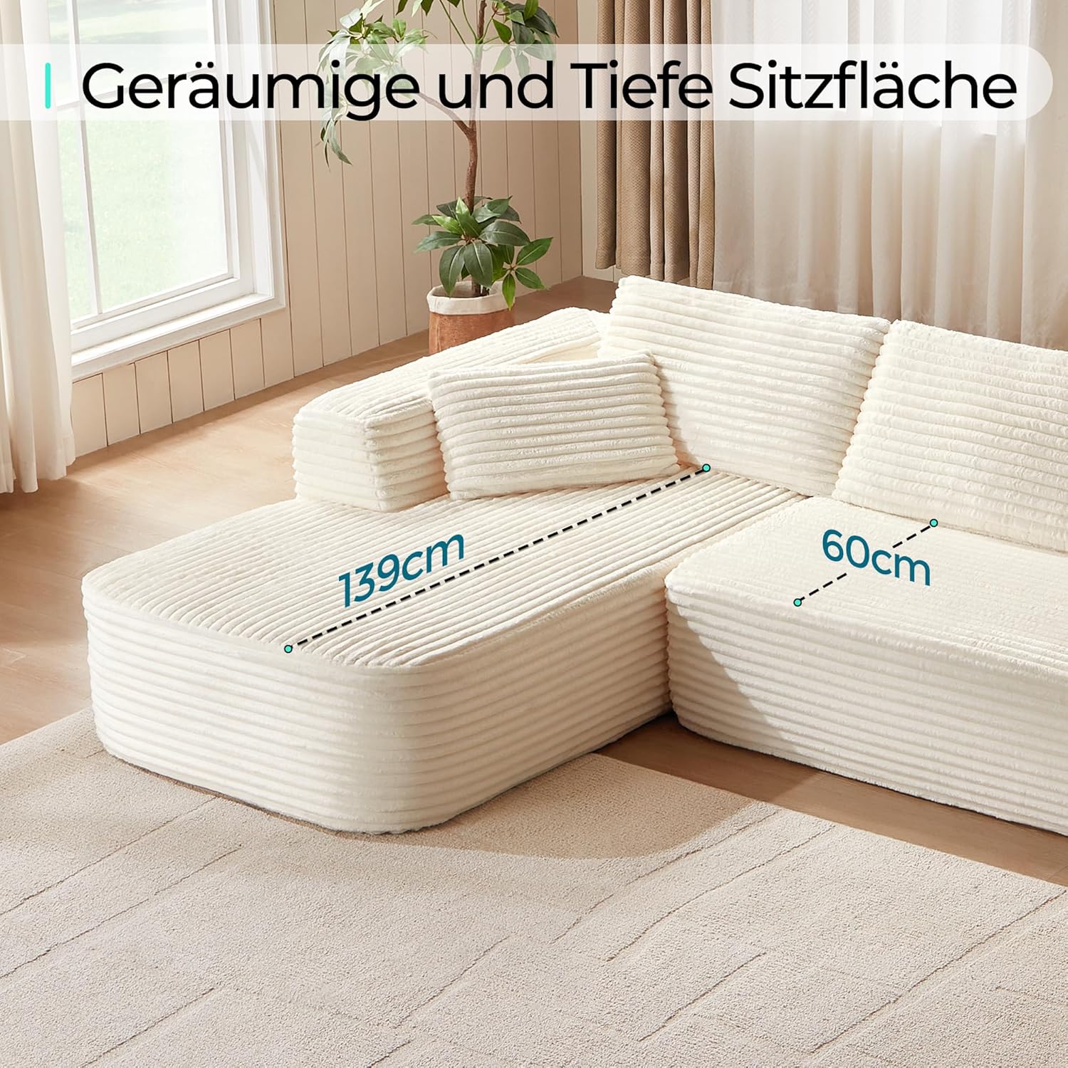 Thumbnail 6 de LINSY HOME Ecksofa mit Schlaffunktion (270 cm) aus Corduroy, L-Form mit Ottomane und modularen Segmenten – beige