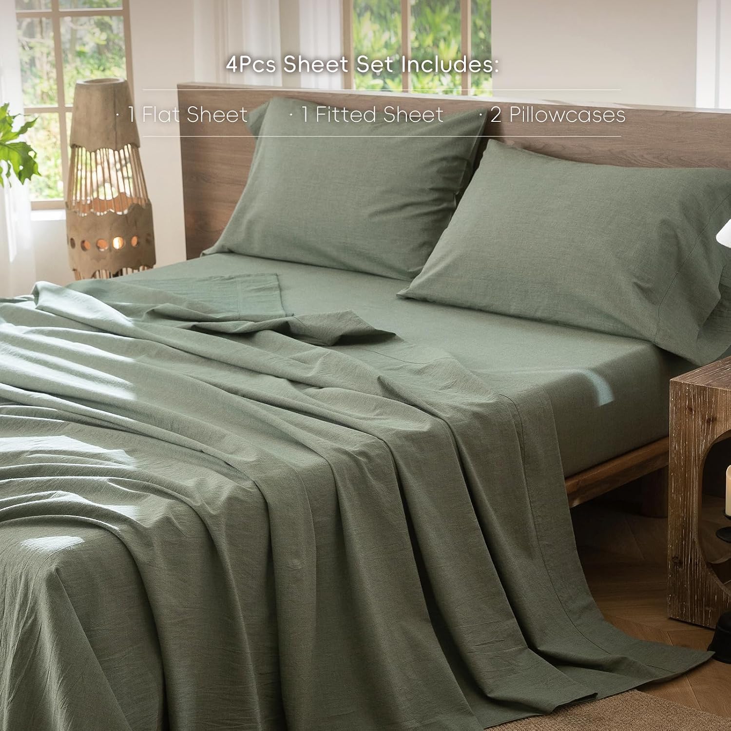 Detalle 2 de MooMee Bedding Sheet Set (King) 100% Washed Cotton Linen-Like Texture in Heathered Green