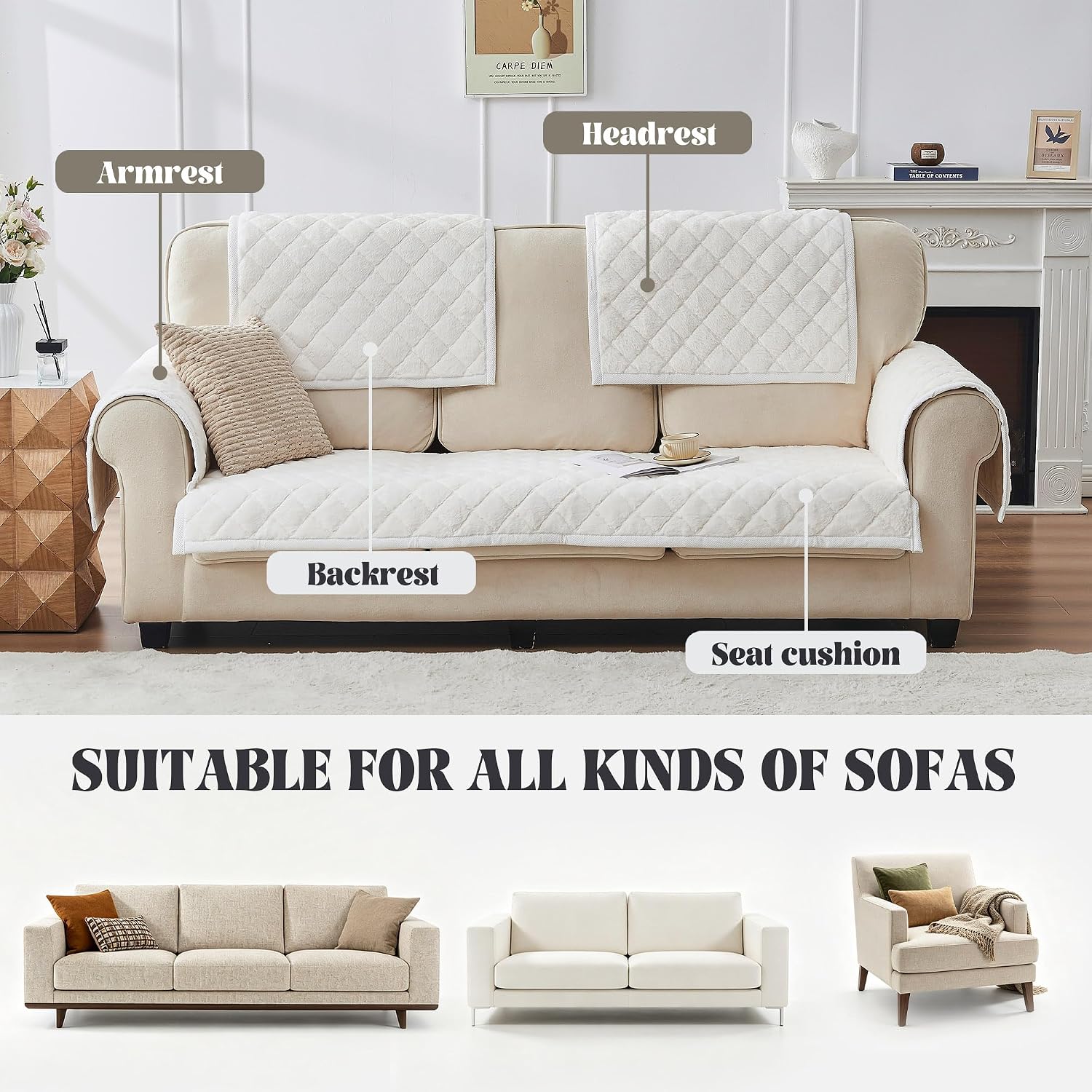 Detalle de beeweed Sofa Cushion Covers Sofa Cover, Beige Faux Mink Velvet, Washable