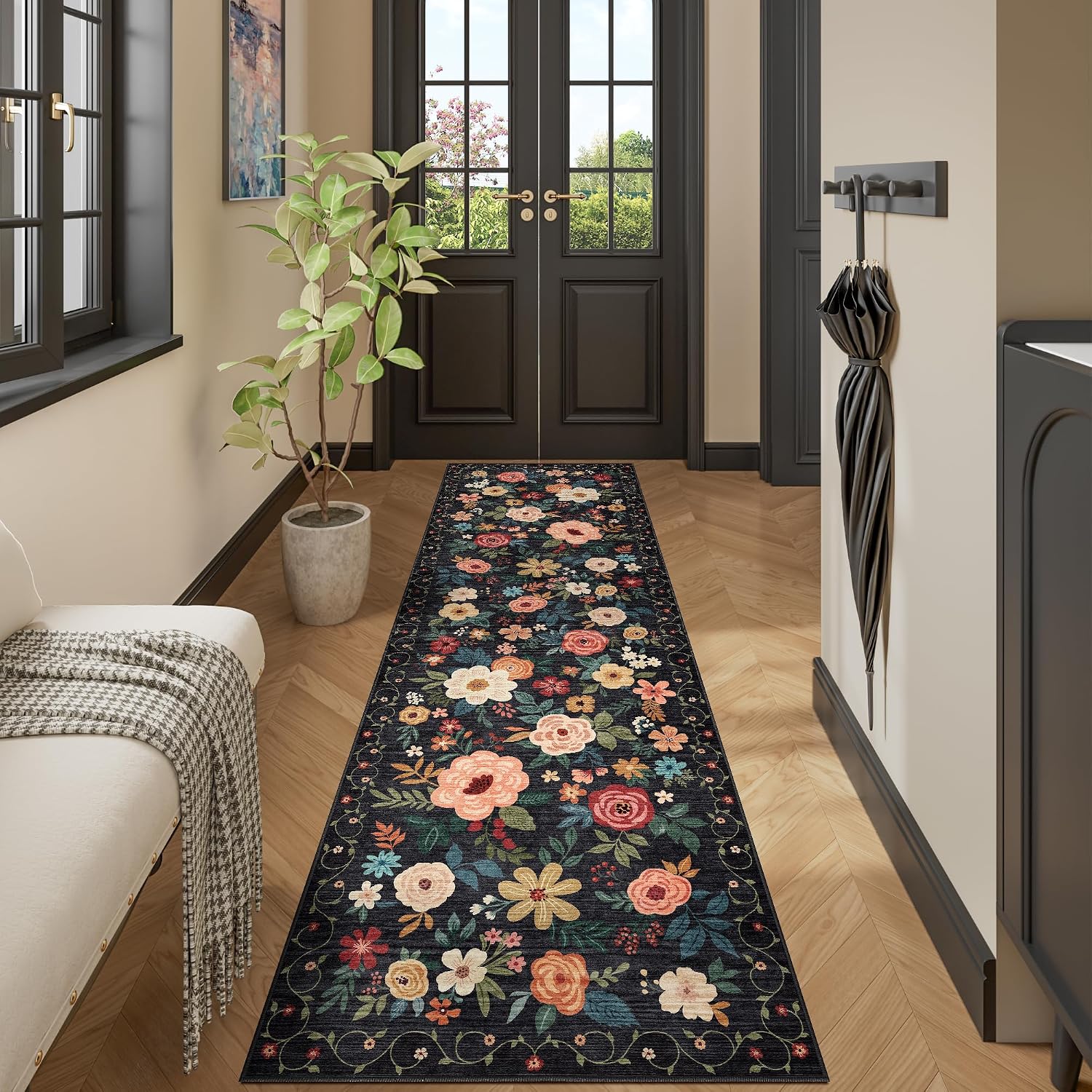 Detalle 1 de DUKINO Runner Rug (2x10) with Non Slip TPR Backing, Washable Low Pile Boho Floral for Kitchen & Entryway
