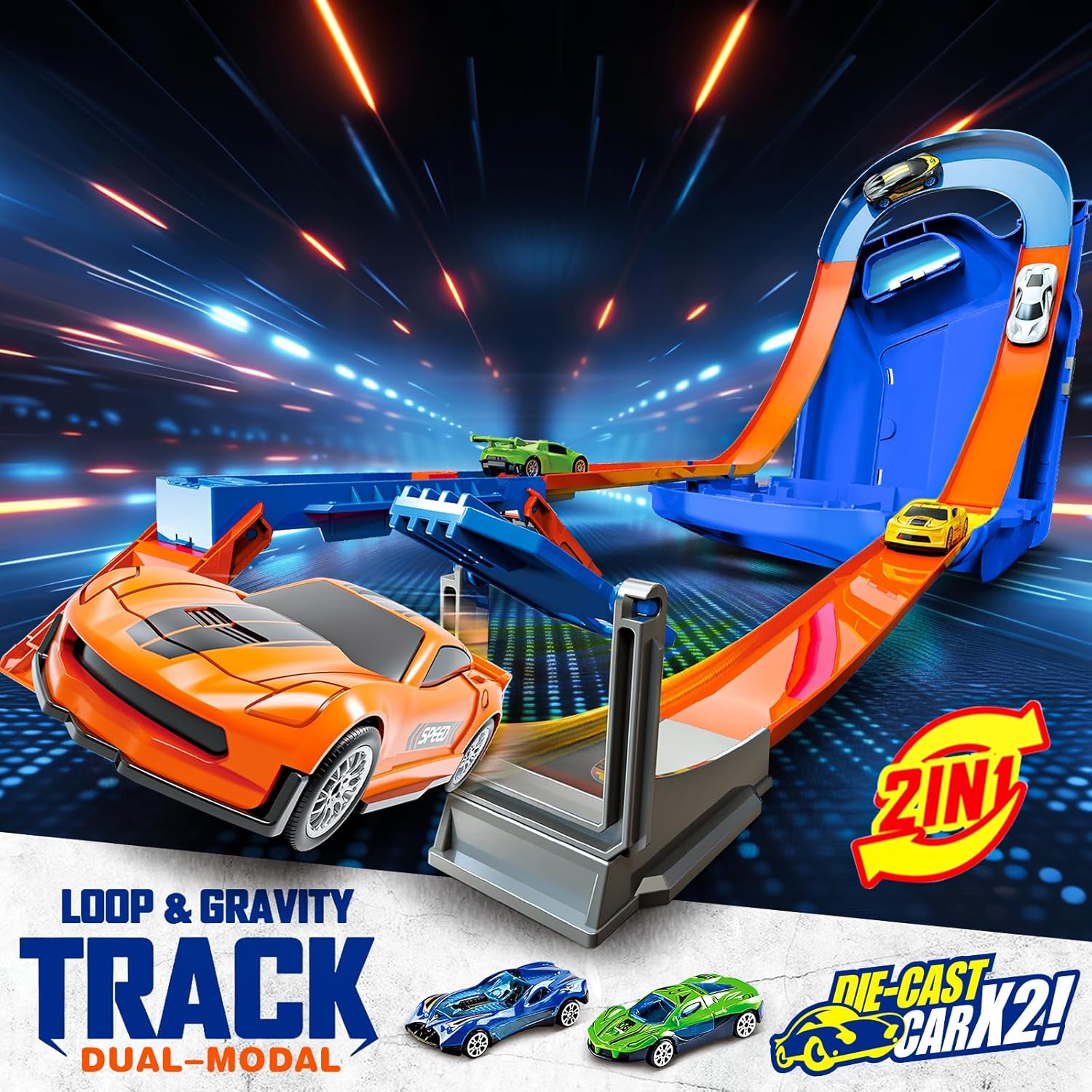 Detalle de Race Track Toy Car Set with 2 Race Cars and 2-in-1 Transformable Tracks (Blue) with Storage Box