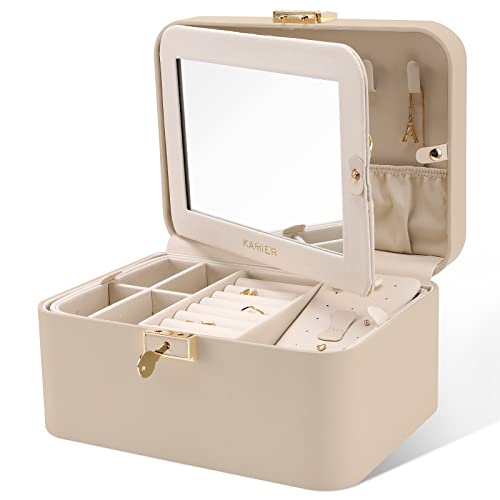 Detalle de KAMIER portagioie a 2 livelli in pelle PU beige con specchio e serratura