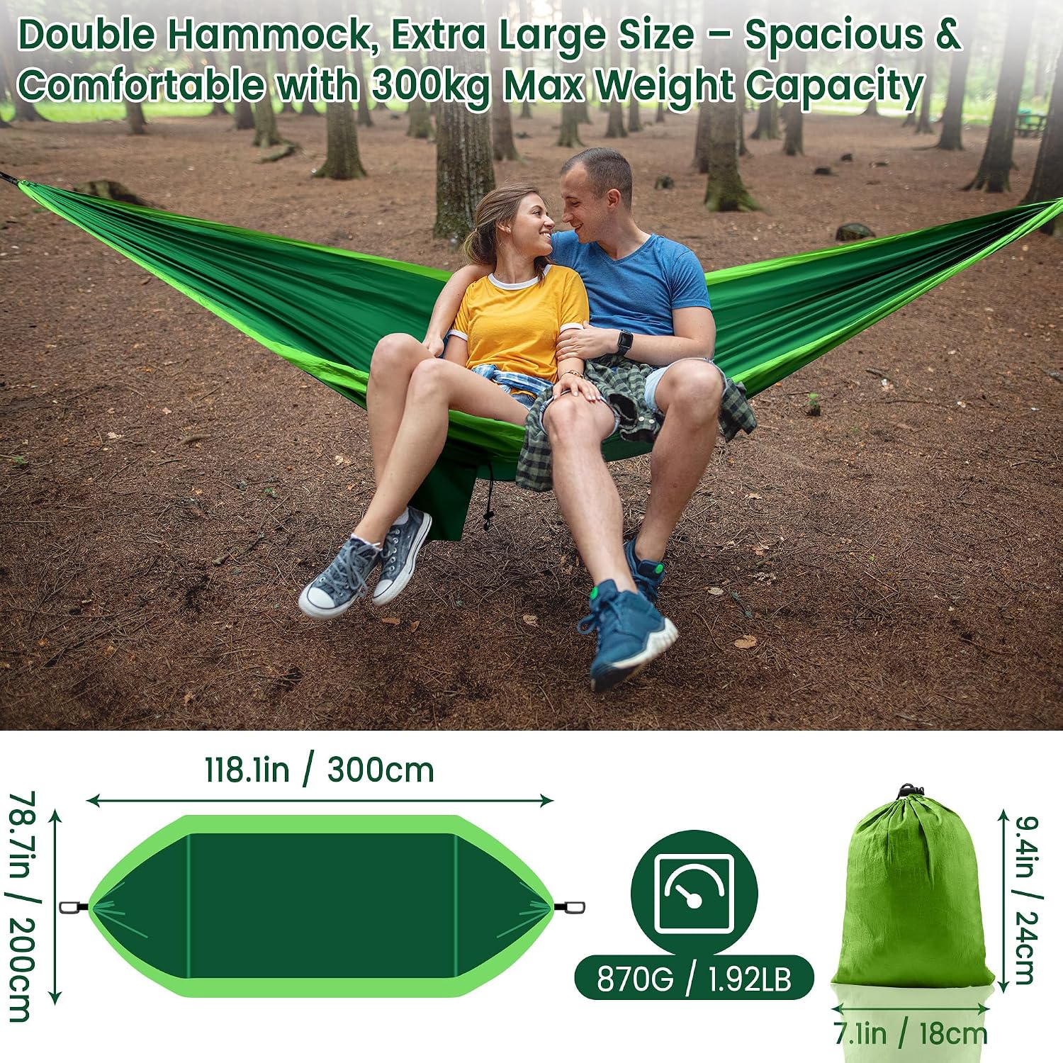 Detalle 2 de Amaca Matrimoniale XXL 300x200 cm – Amaca da Giardino e Campeggio, Portatile e Resistente 300 kg (Verde)