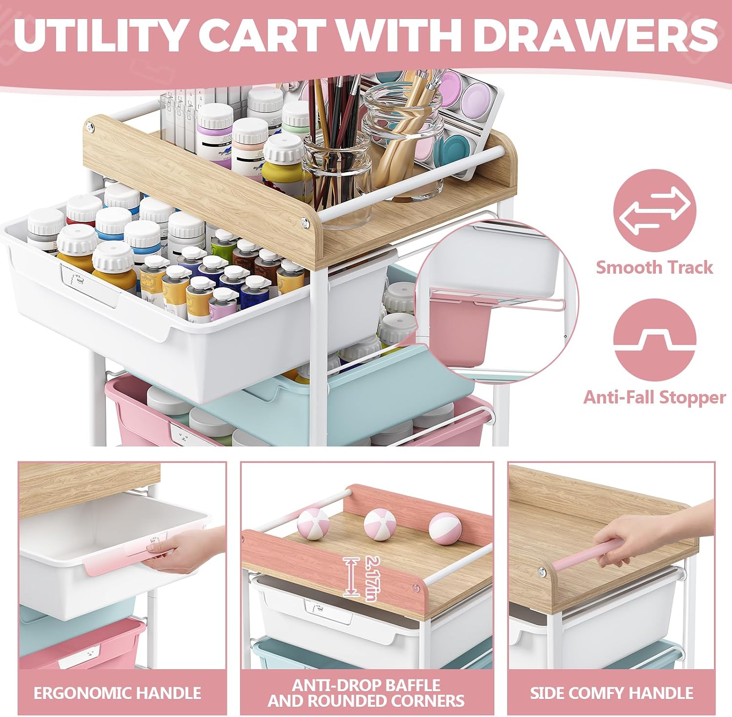 Detalle de SYKIARIOL 1431+1233+1432 Utility Cart with 5 Colorful Drawers and Wood Top