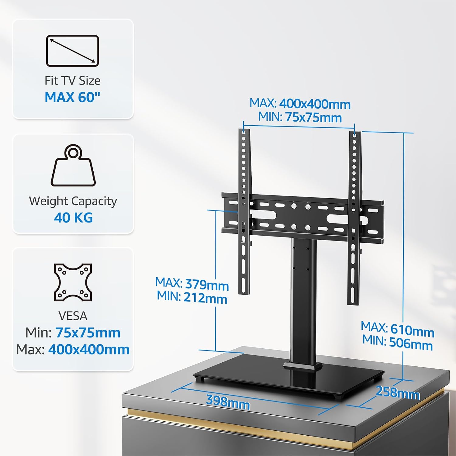 Thumbnail 5 de MOUNTUP Universal TV Stand for 24–60 Inch TVs – Height Adjustable Pedestal, Up to 40kg, VESA 400x400mm