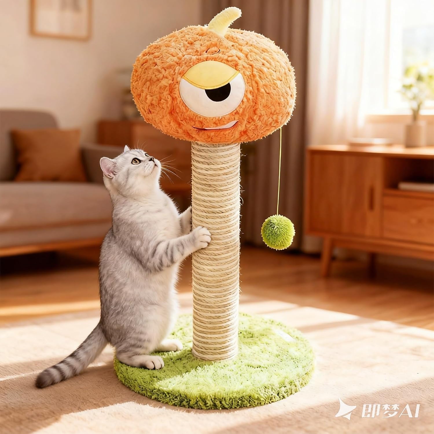 Detalle 2 de Pumpkin Cat Scratching Post for Kittens – Soft Velvet Base, Play Ball, 30 × 30 × 60cm
