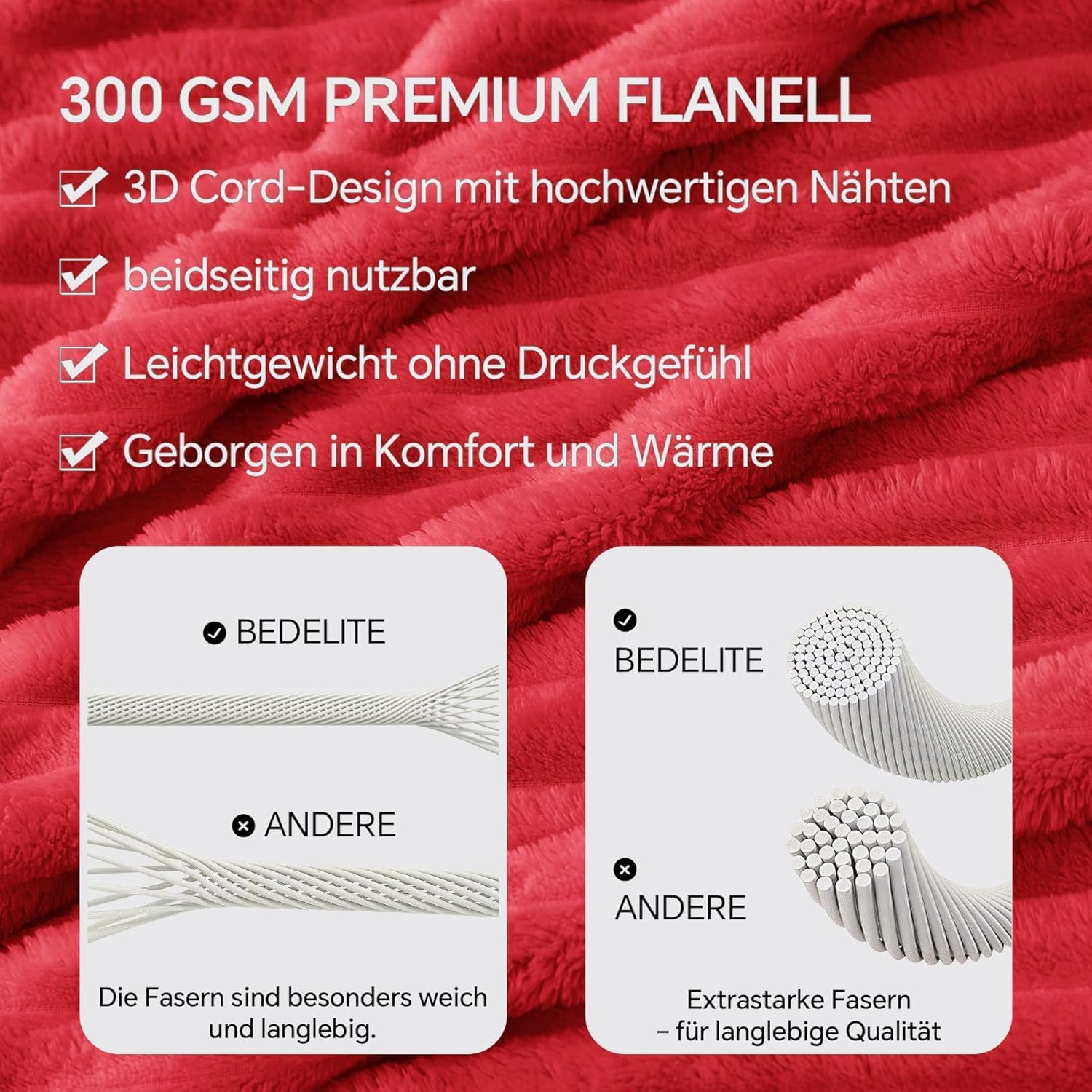 Detalle 2 de BEDELITE Kuscheldecke 220x240 Rot