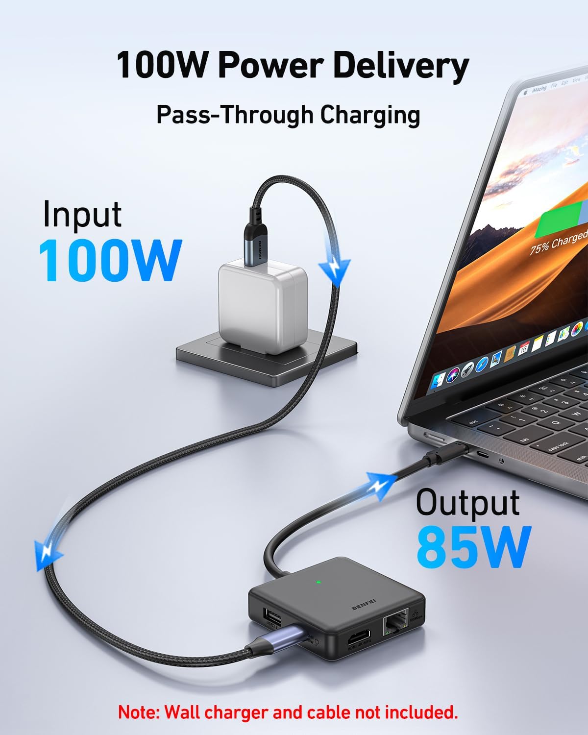 Detalle de BENFEI 000399black USB-C-hub 6-in-1 met HDMI 4K@60Hz en 100W Power Delivery