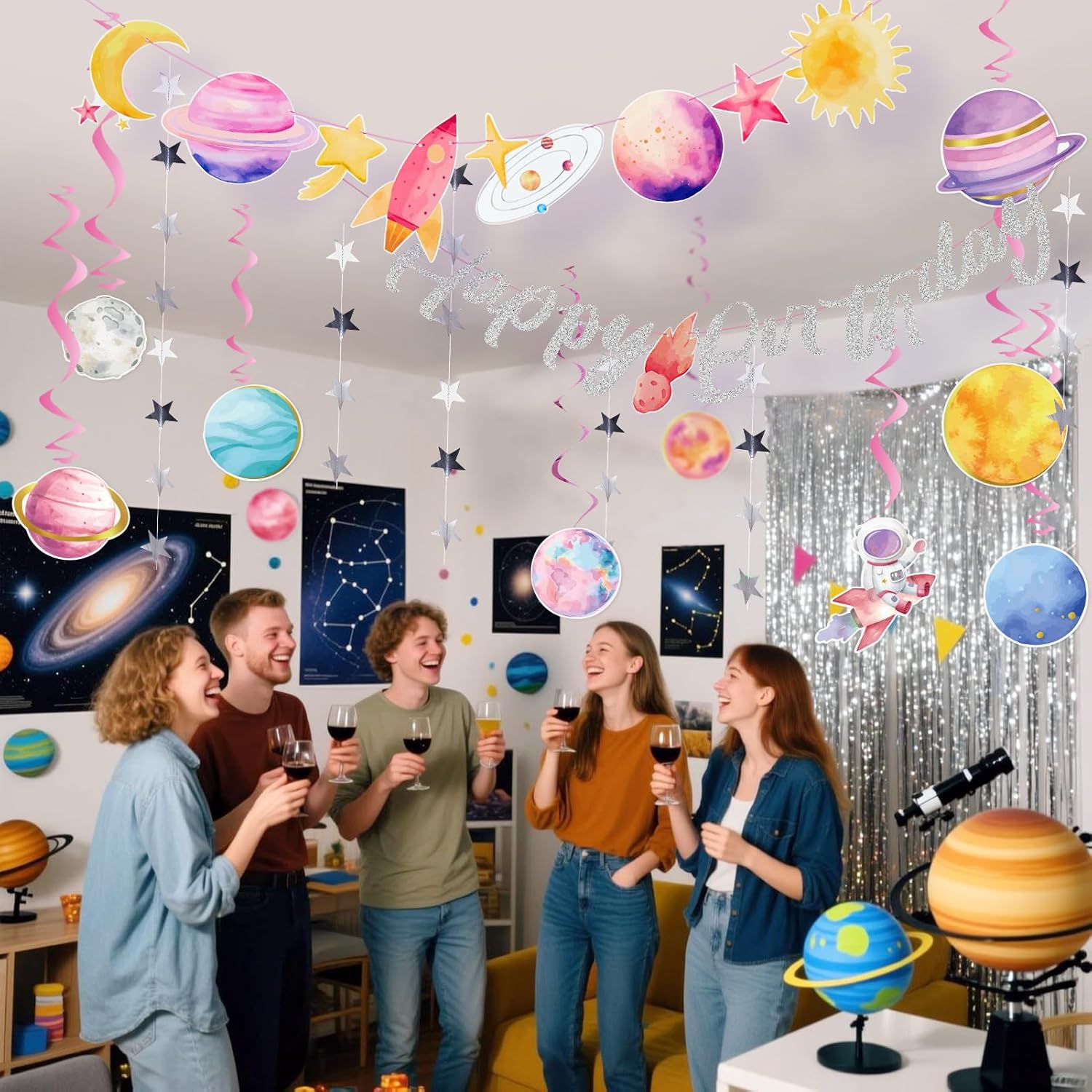 Thumbnail 5 de EASY JOY Weltraum Deko Happy Birthday Girlande 3D Papierdekoration Planet Spiralen Space Astronauten