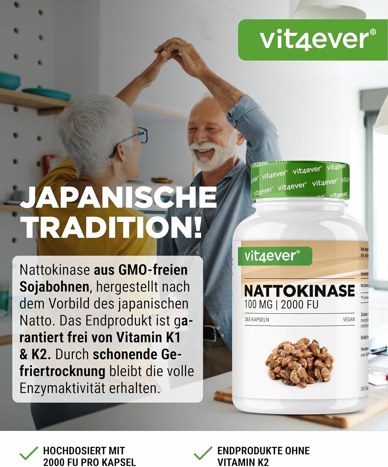 Detalle 2 de Vit4ever Nattokinase – 365 Kapseln à 100 mg (20.000 UF/g), vegan, ohne Gentechnik