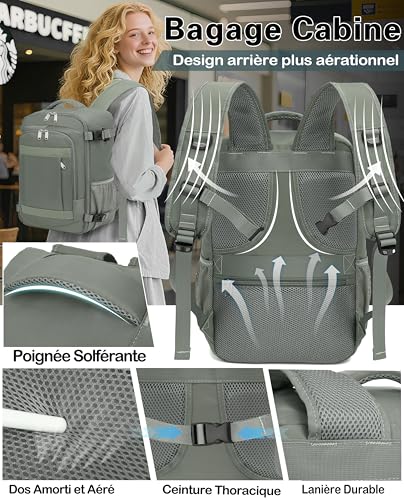 Detalle de KLOSTAIN Sac à Dos Voyage Cabine Avion 45x36x20 cm – 30 L, 14" + Compartiment sécurisé, Vert