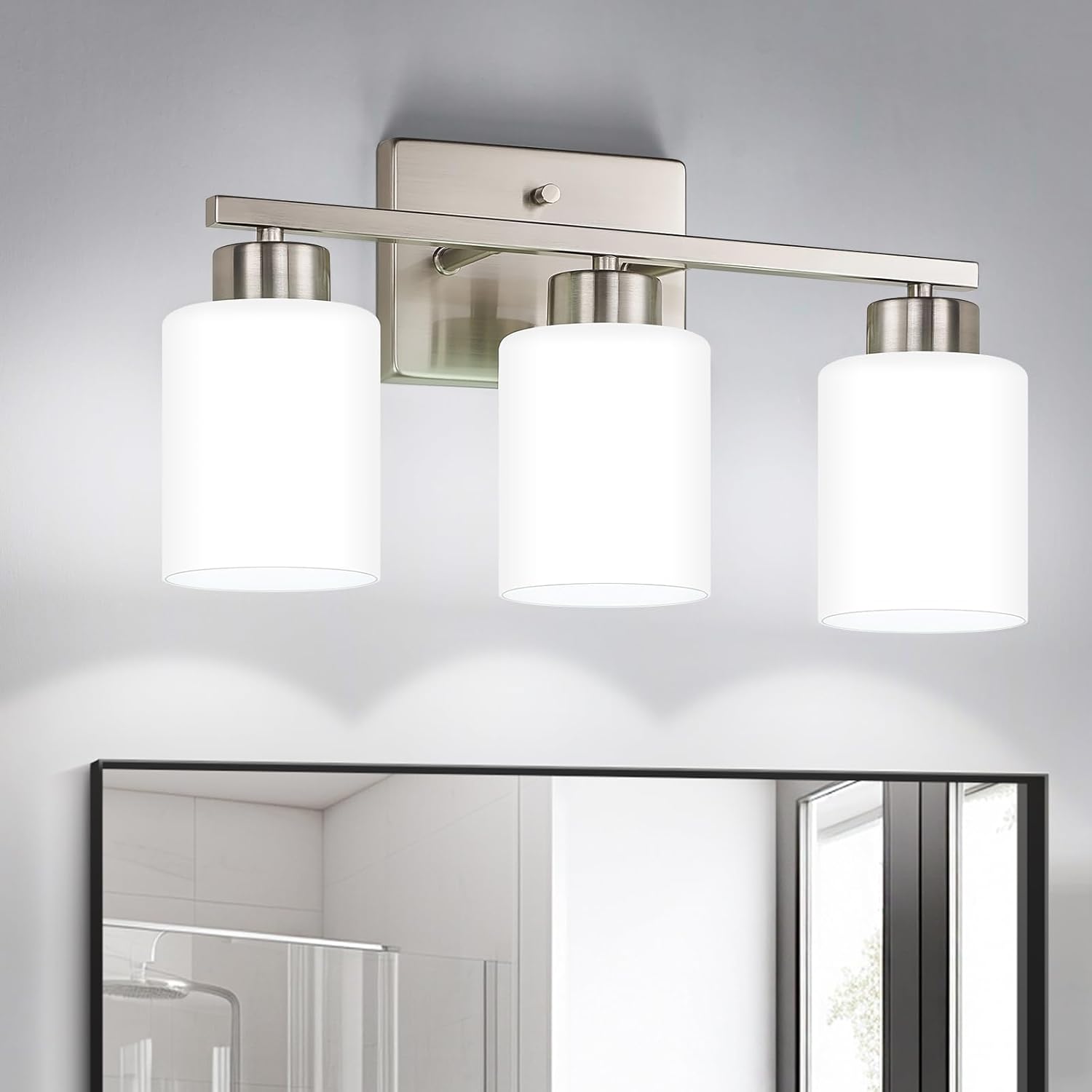 Detalle de FonmYim Brushed Nickel 3-Light Vanity Fixture with Milky Glass Shades