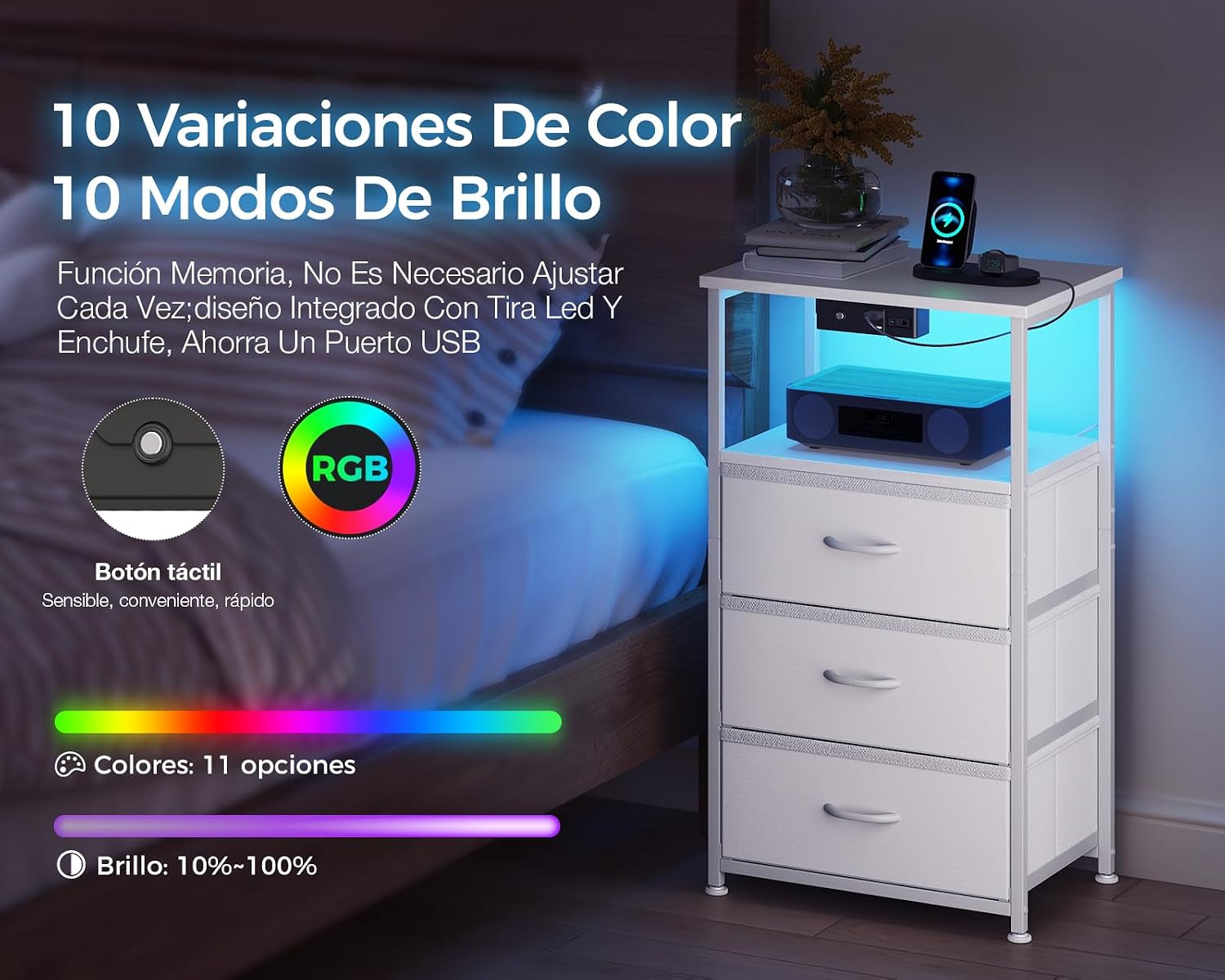 Thumbnail 4 de Coleshome Mesita de noche con USB y LED 40x30x70 cm