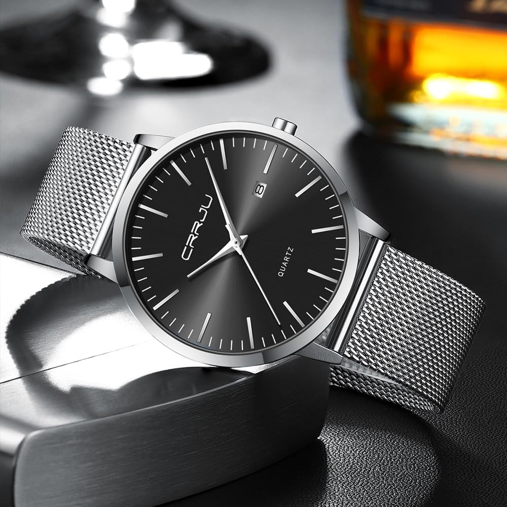 Detalle de CRRJU Herren-Uhr ultra dünn (schwarz) – wasserdichtes Mesh-Armband mit Quarzwerk