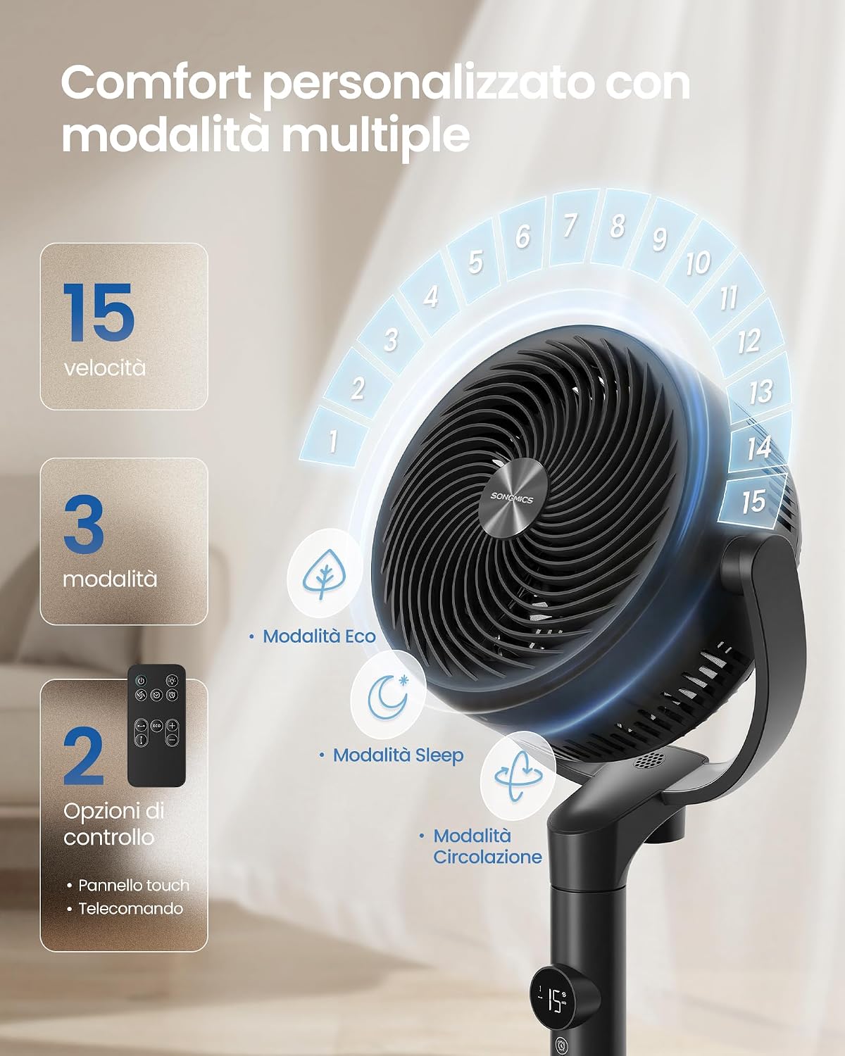 Detalle de SONGMICS Ventilatore a Piantana XFC002W1EU: silenzioso, versatile e regolabile per ogni stanza