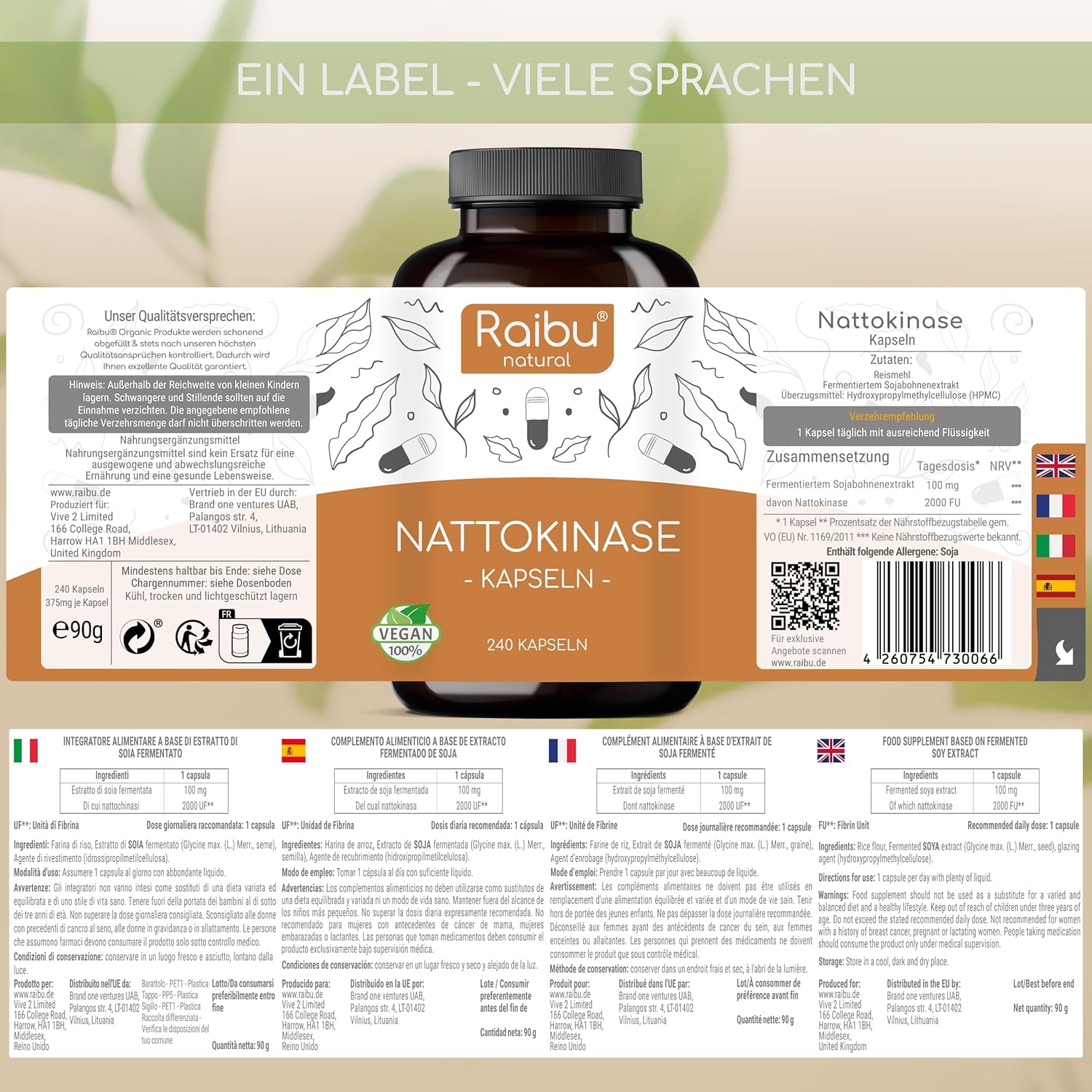 Detalle de Nattokinase Kapseln Premium – 240 Kapseln, 100 mg (2.000 FU) pro Kapsel, 8 Monate Vorrat, vegan & laborgeprüft