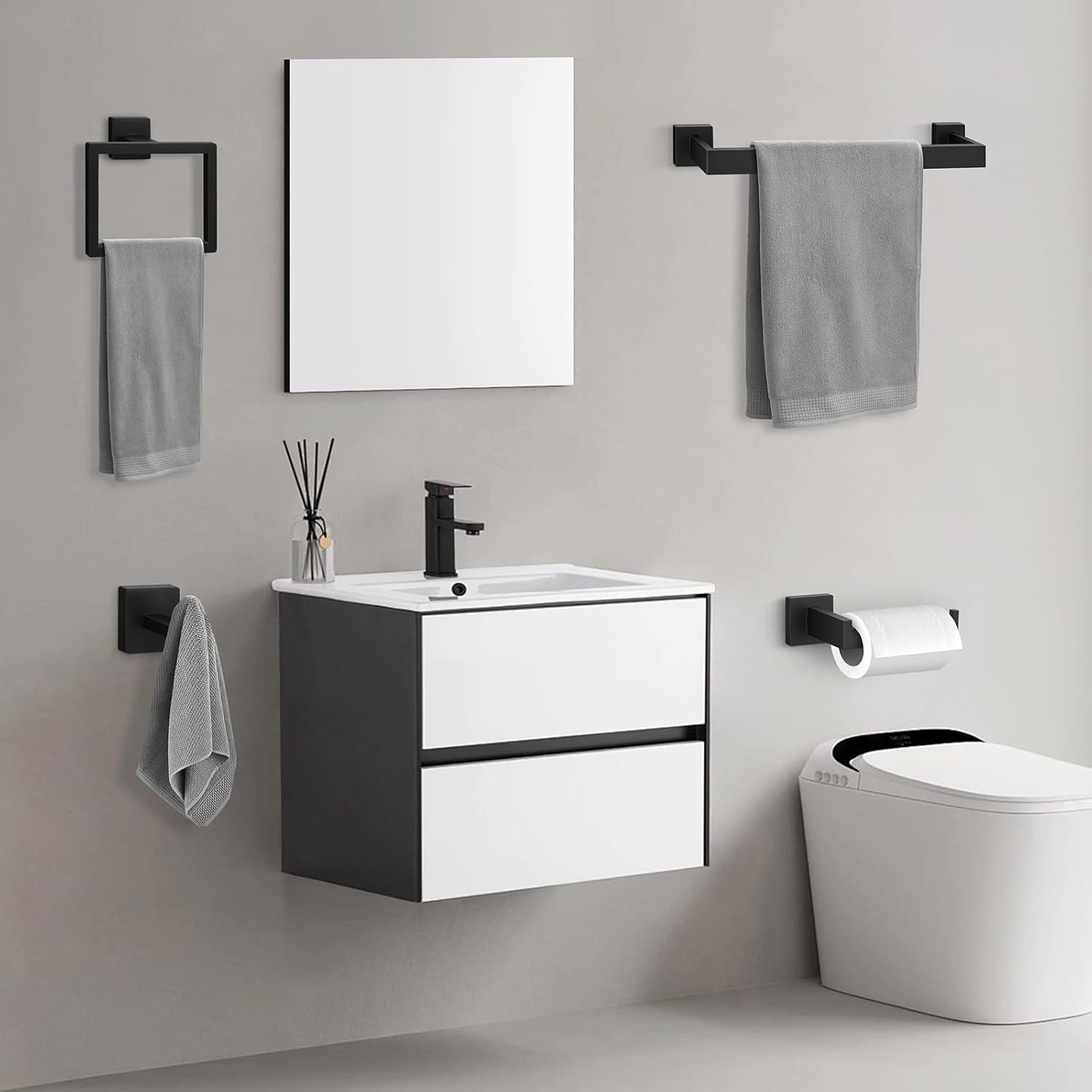 Thumbnail 1 de Maypott 5pcs Matte Black Bathroom Accessories Set – 16 Inch Wall Mounted Towel Bar, Towel Ring, Toilet Paper Holder and Hooks