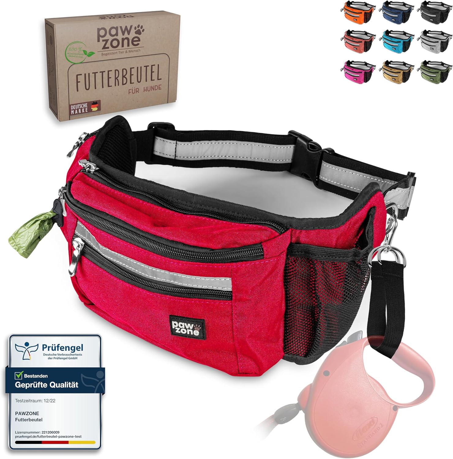 Detalle de PAWZONE Leckerlibeutel für Hunde mit Bauchtasche, Reflektorband & Zusatzgurt für Flexileine (Feuerrot)