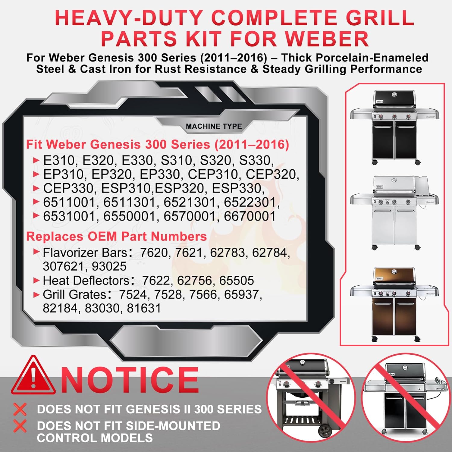 Detalle de Grill Parts Kit for Weber Genesis 300-330: Complete 7621 Flavorizer Bars, 7524 Grates, 7622 Heat Deflectors