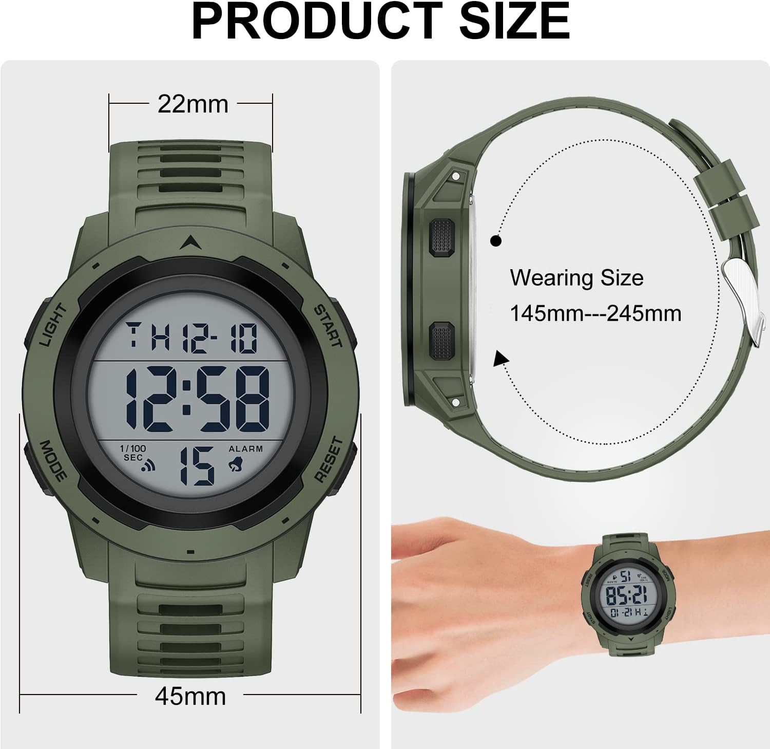 Detalle de GOLDEN HOUR Herren Digitaluhr mit breitem Display, wasserdicht bis 50 m – Militär-Stil, Gummi-Armband