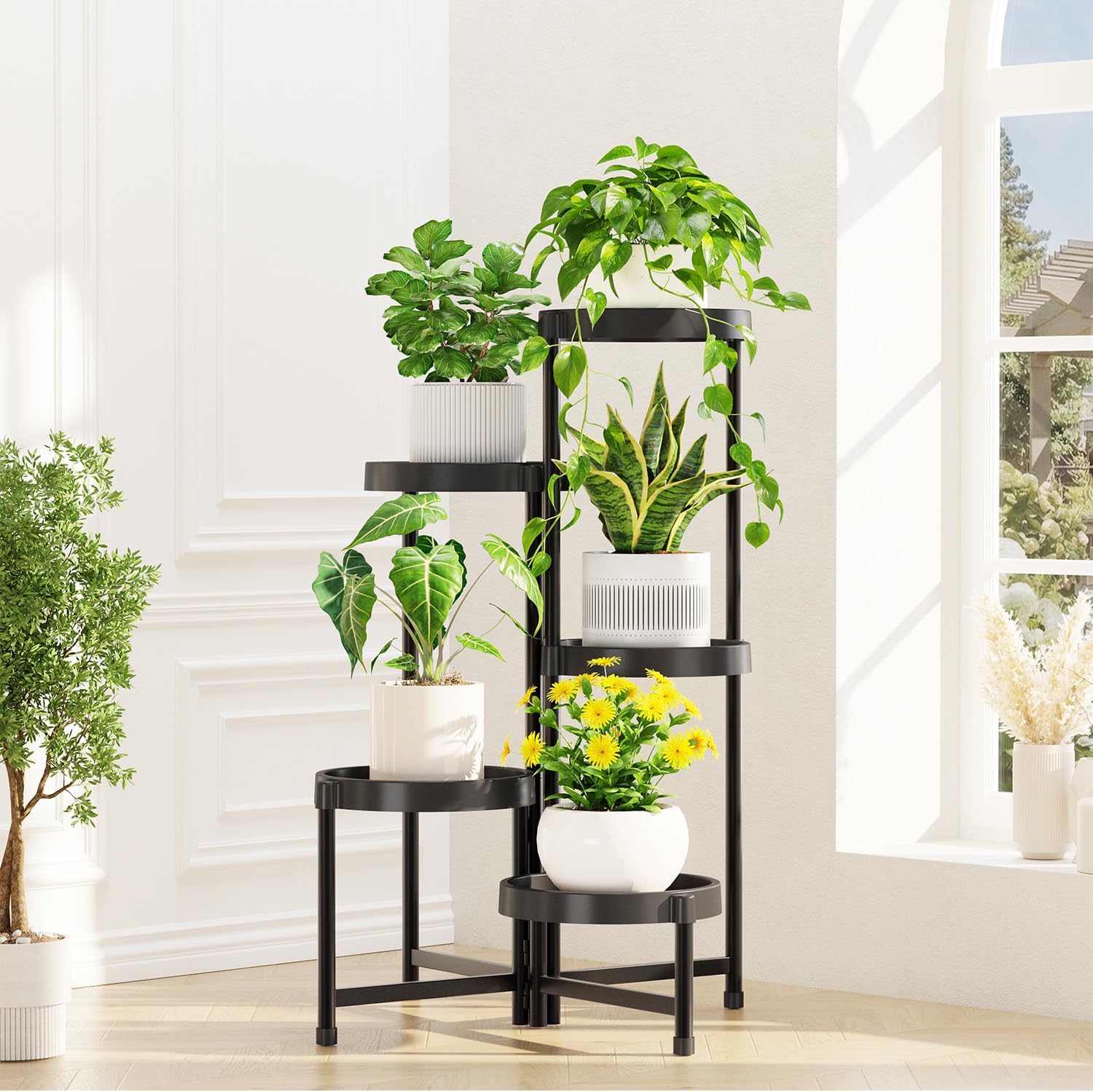 Detalle de iDavosic.ly 5-Tier Folding Plant Stand, Black Metal Frame with Plastic Trays