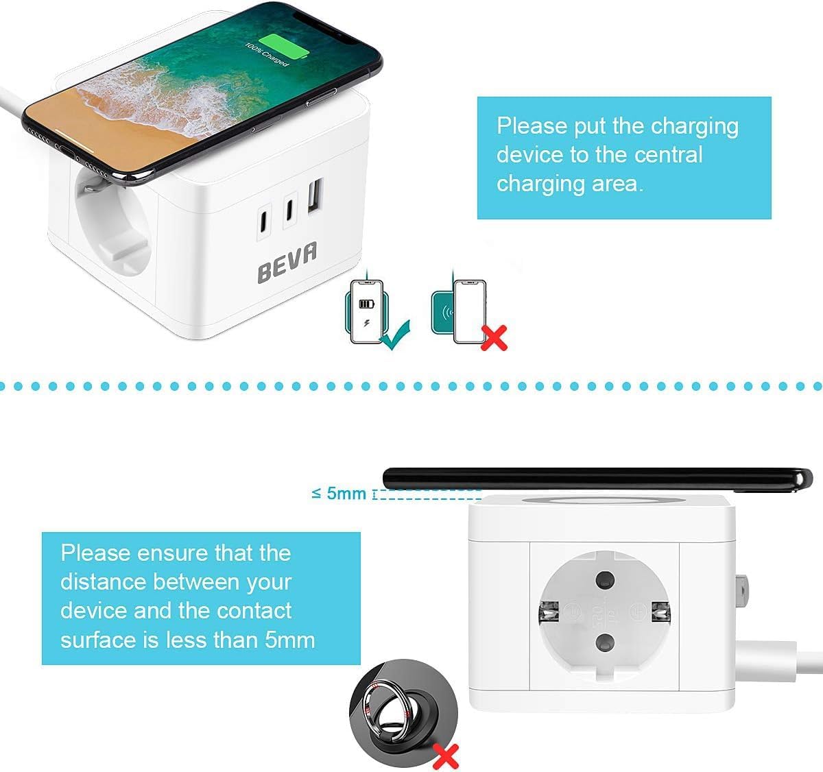 Detalle de BEVA Multipresa Cubo 2500W con ricarica wireless