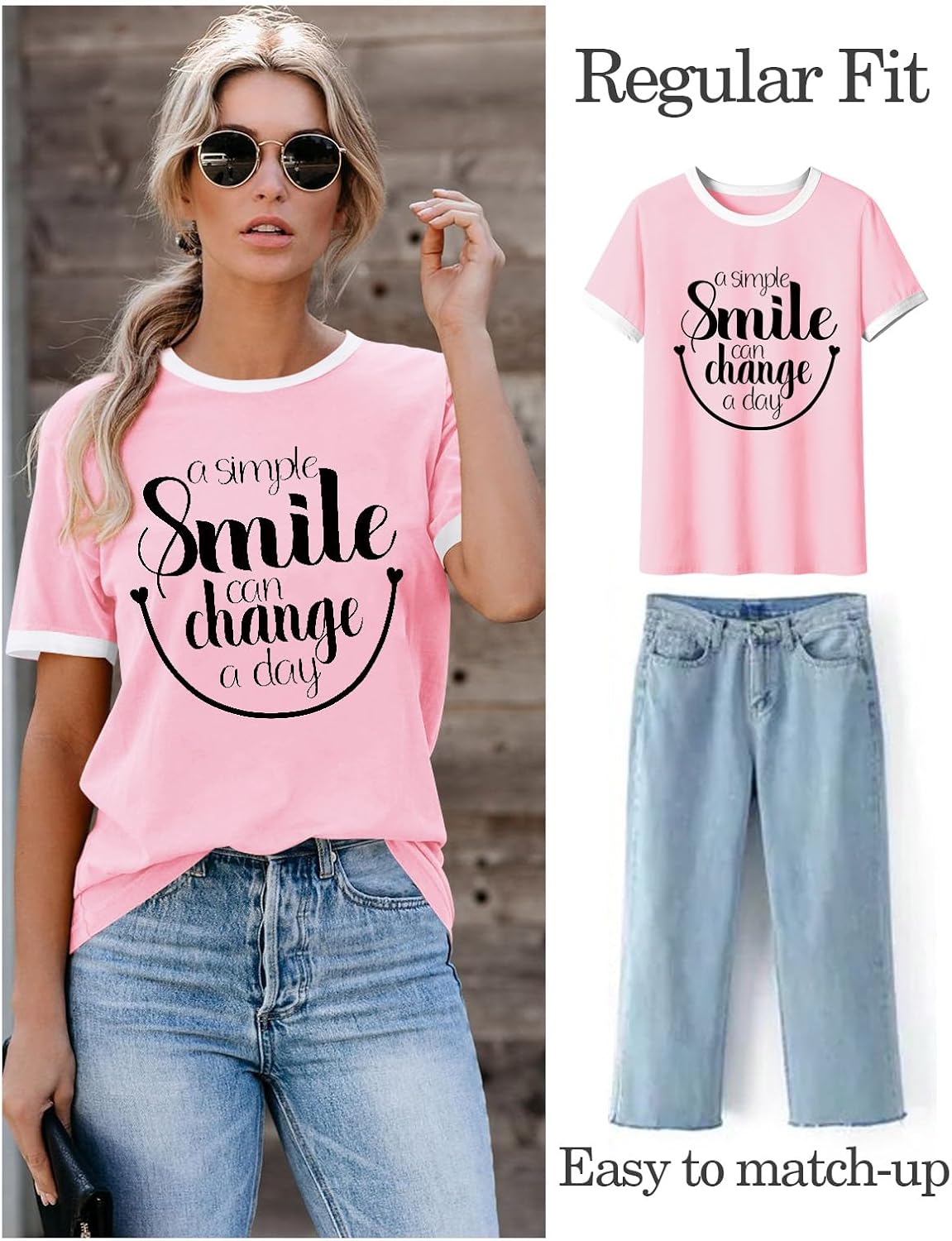 Detalle de WIEIYM Women Round Neck Short Sleeve T-Shirt – Smile Graphic Print Casual Tee