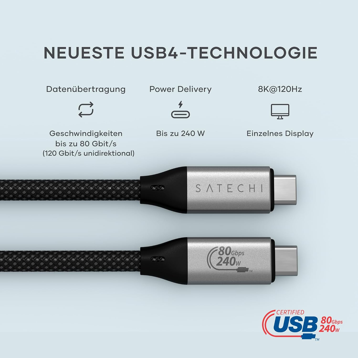 Detalle 2 de SATECHI USB4 V2 Pro Schnellladekabel USB-C auf USB-C (PD 240W, 120 Gbps) – 1,2 m für Thunderbolt 5/4/3, MacBook & Windows