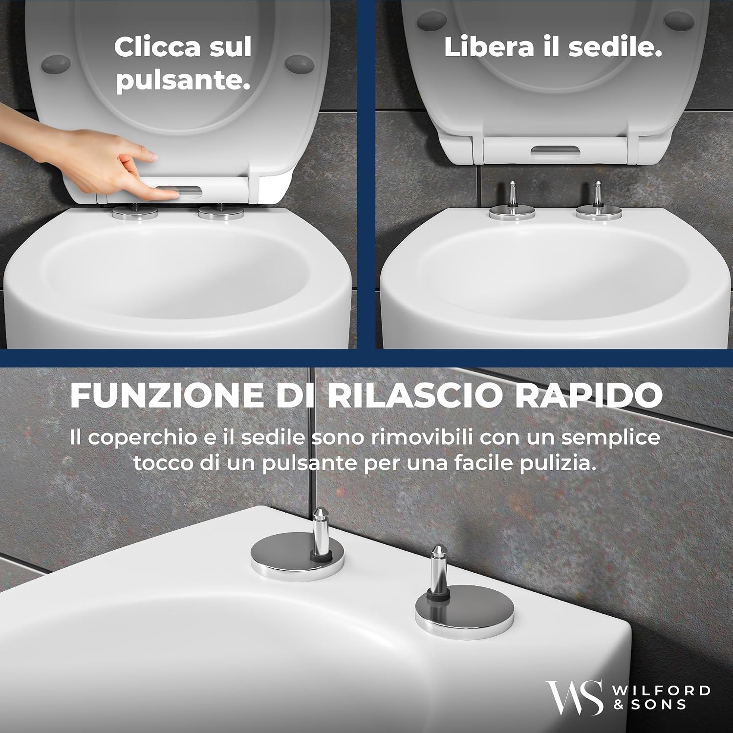 Detalle de Wilford & Sons PREMIUM Copriwater: sedile WC con chiusura ammortizzata in forma O, bianco, alta qualità