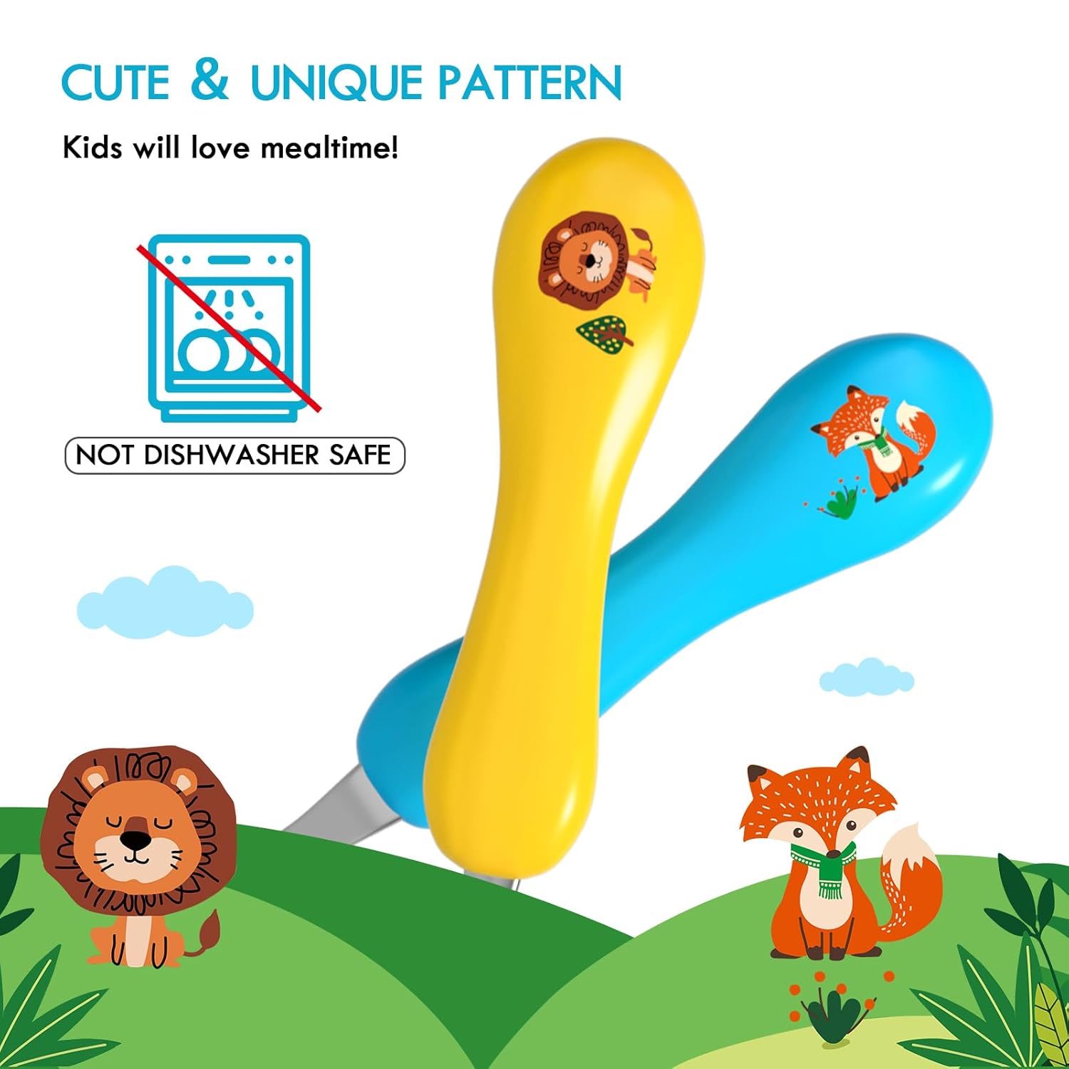 Thumbnail 4 de Lehoo Castle Kinderbesteck 6-teilig (ab 1 Jahr) aus Edelstahl & Kunststoff – Gabeln und Löffel mit Tierwelt-Motiv