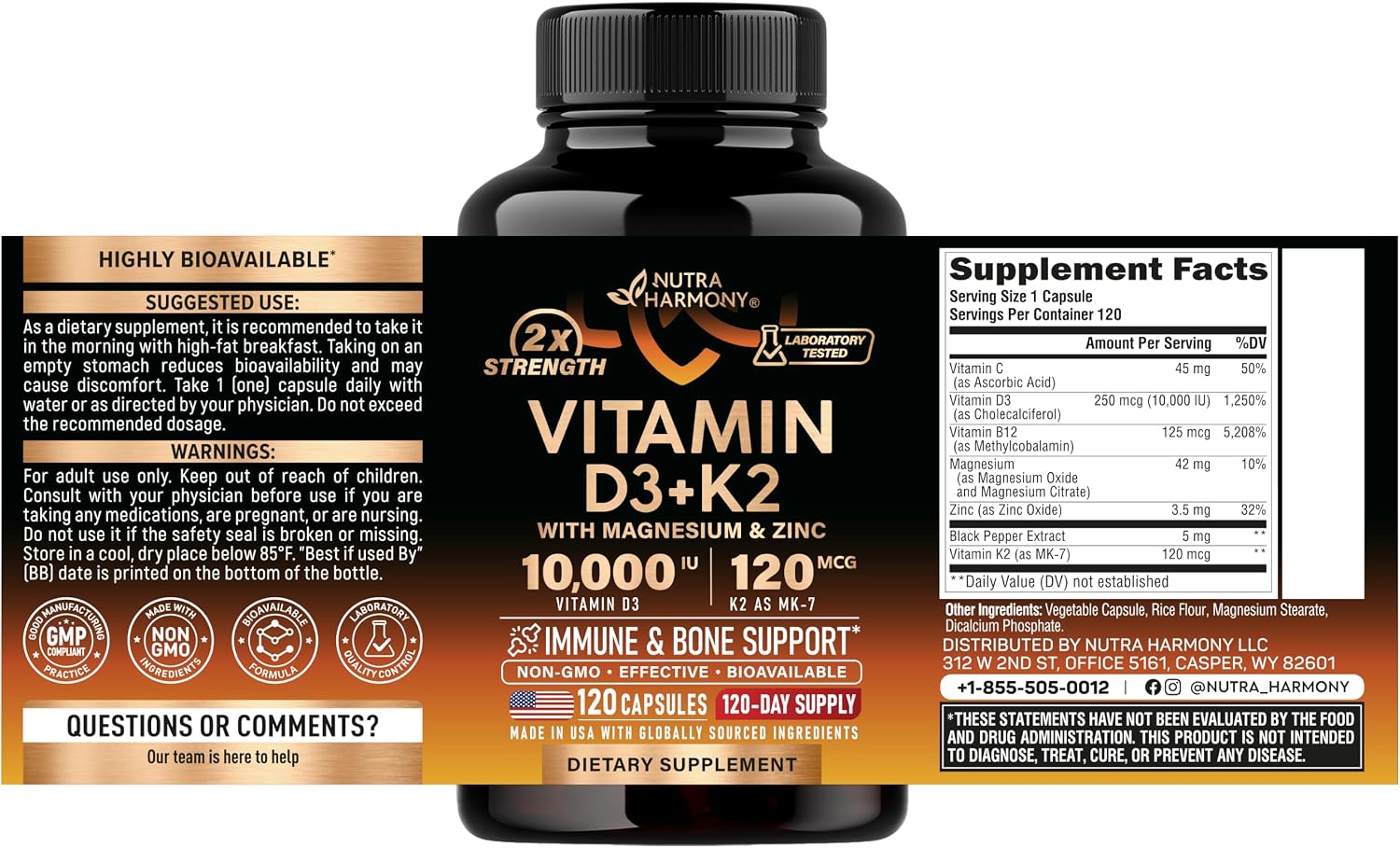 Detalle 2 de NUTRAHARMONY NH-VITD3K2CPS120 Vitamin D3 K2 Capsules, 10,000 IU D3