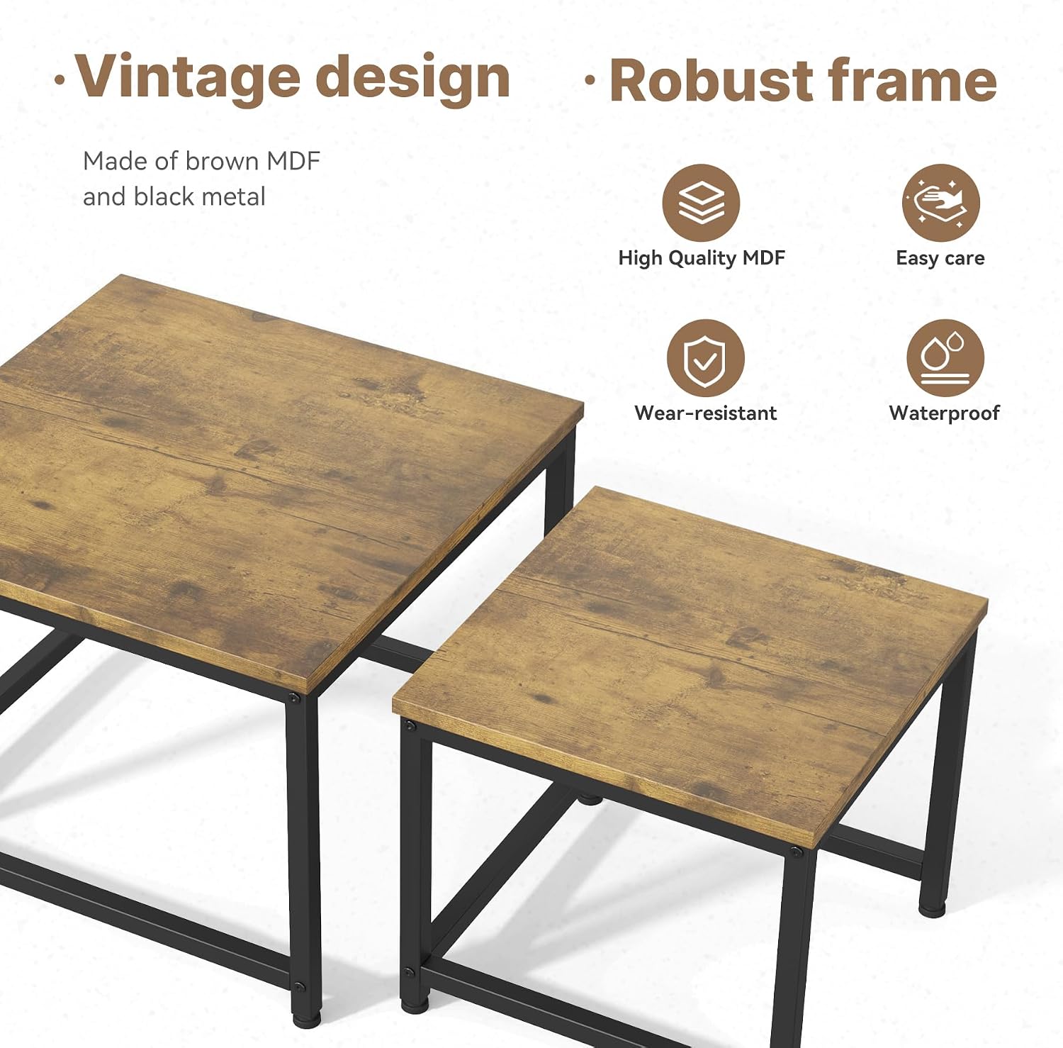 Detalle 2 de Hawthyhome Lot de 2 tables basses rondes en bois avec cadre en métal – élégance vintage pour salon et chambre