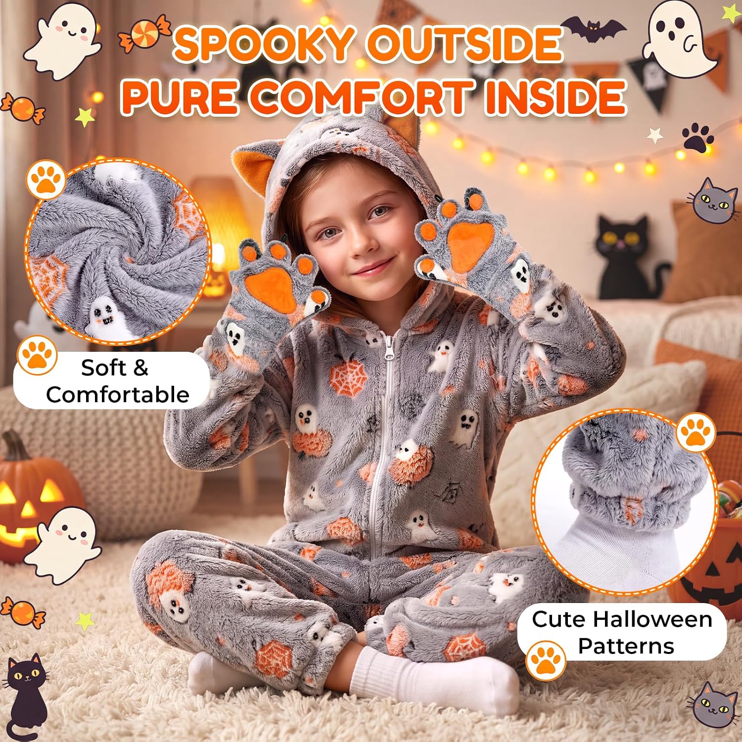 Thumbnail 6 de Joycover Glow-in-the-Dark Black Cat Costume for Kids, Fleece Onesie with Purse