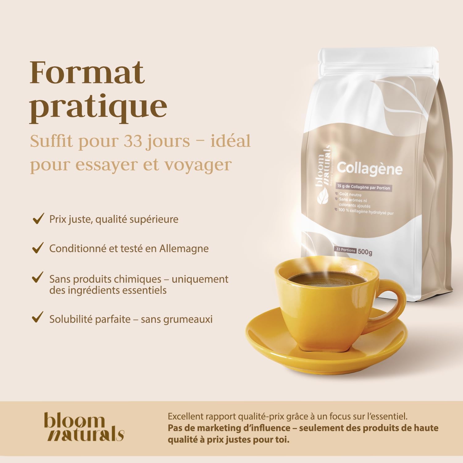 Detalle 2 de Bloom Naturals Beauty Supplements Collagène en poudre 500 g (15 g par portion) – 100% collagène hydrolysé, goût neutre – 33 portions