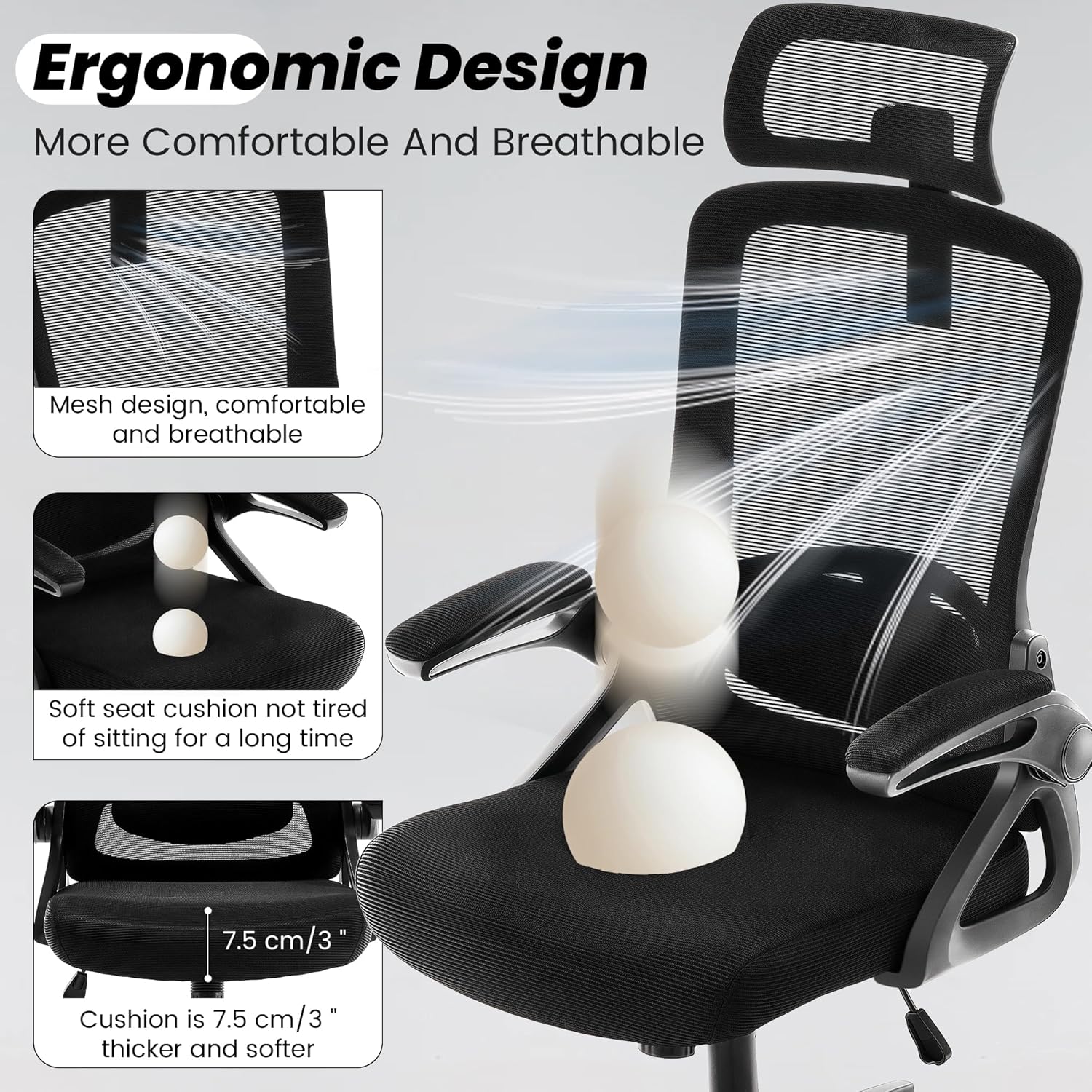 Thumbnail 5 de Fizzin Ergonomic Office Chair (Black) with Adjustable Lumbar Support — Up to 400 lbs