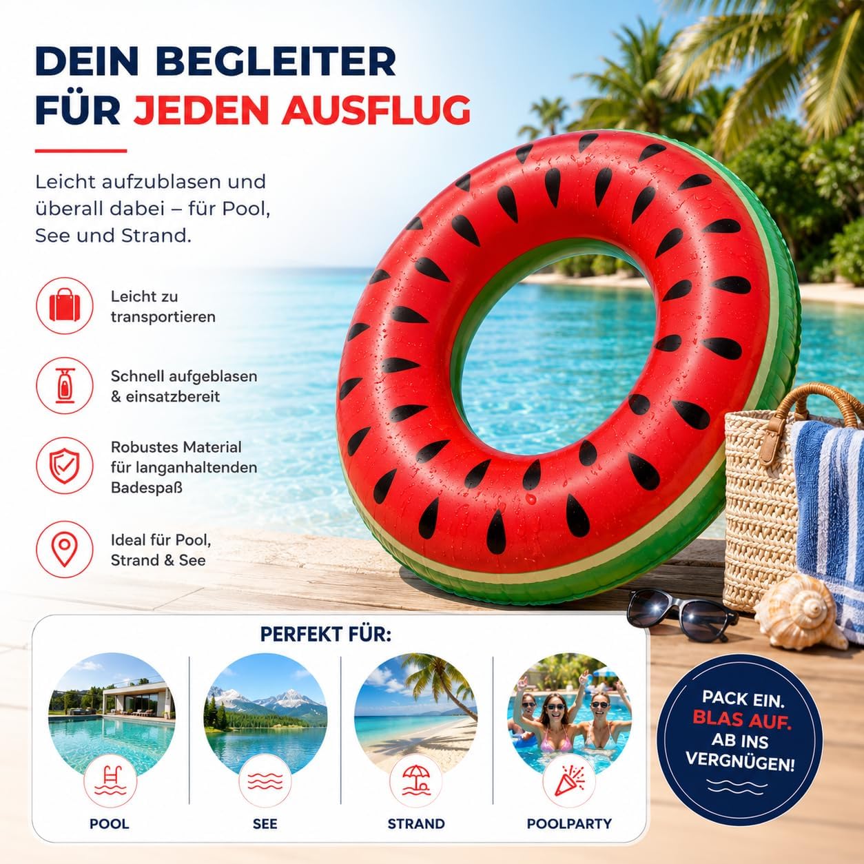Detalle de Aufblasbarer Schwimmring im Melonen-Design, Ø 120 cm – für Erwachsene & Kinder