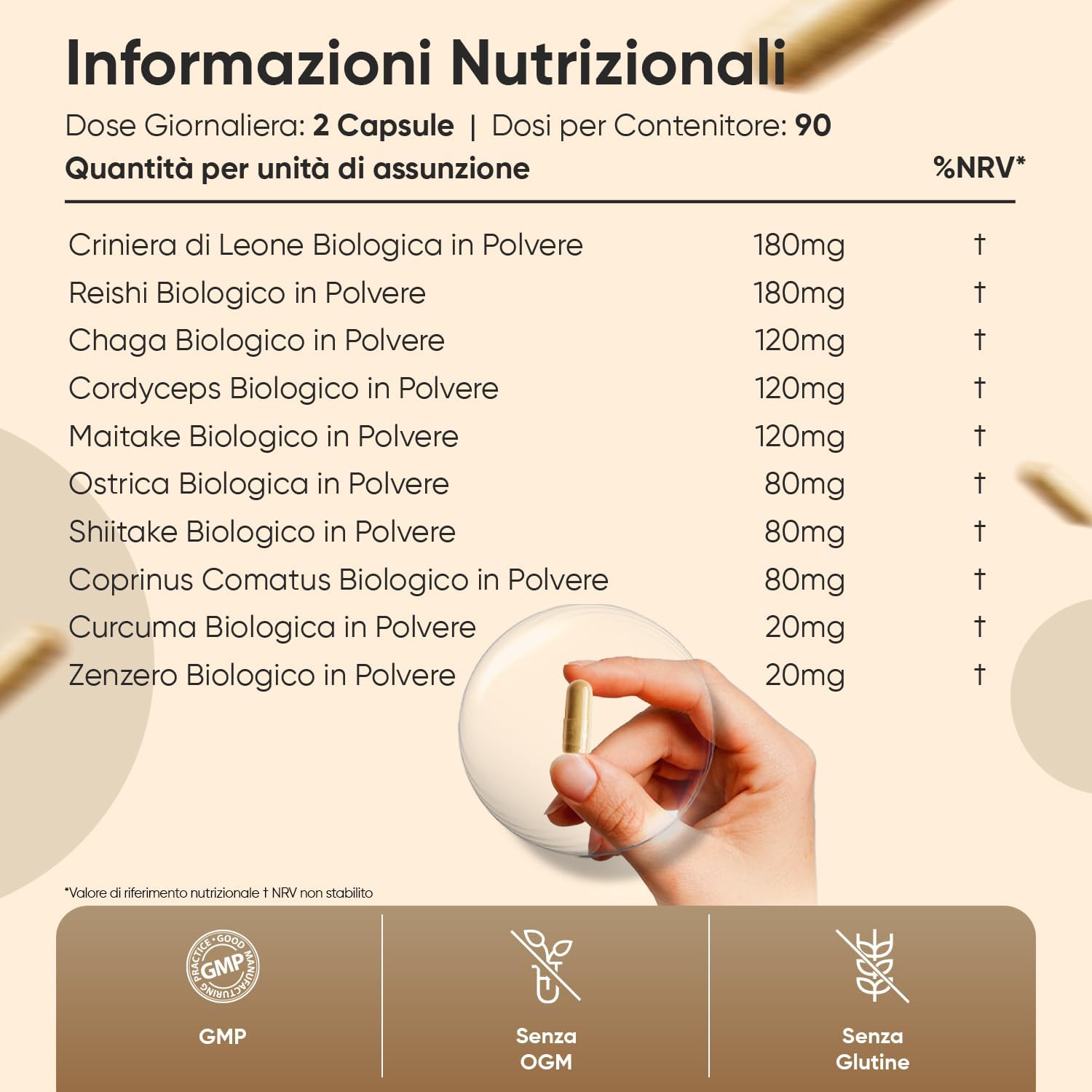 Detalle de Miscela Funghi Bio WeightWorld: 8 Funghi in 180 Capsule Vegane (3 mesi) con Lion’s Mane, Reishi, Chaga, Cordyceps, Maitake, Shiitake, Curcuma e Zenzero