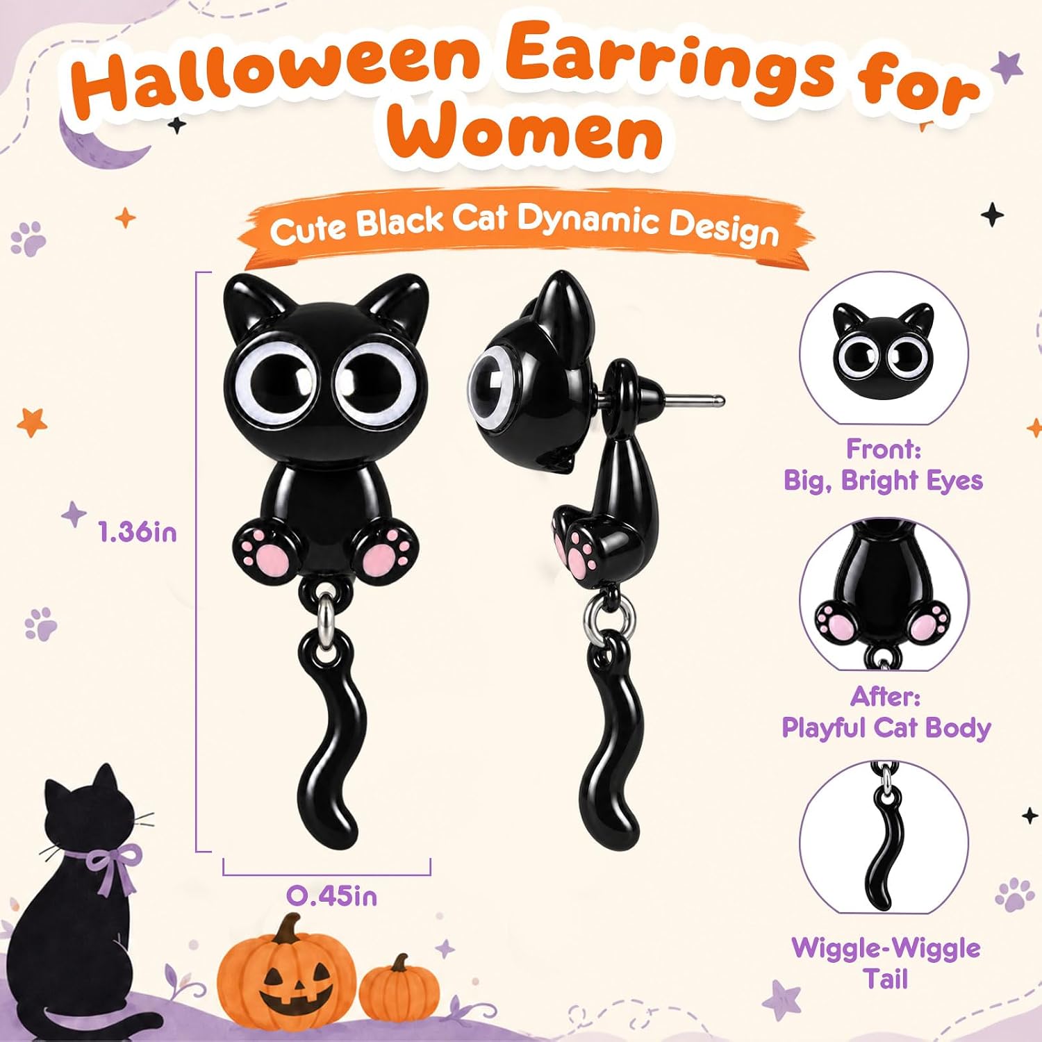 Detalle 2 de Black Cat Earrings with Silver-Plated Copper Posts